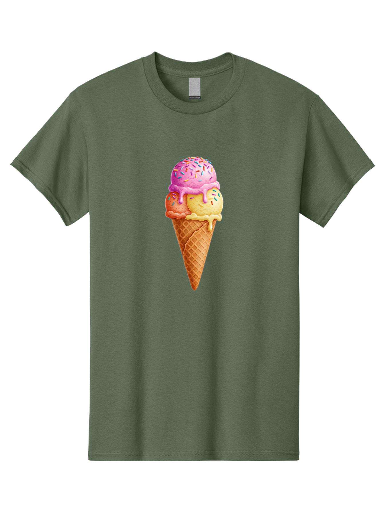 Triple-Scoop-Ice-Cream-3 Men'S Graphic Tee, 100% Cotton, Comfortable Casual Summer Wear, Machine Washable, Triple Scoop Ice Cream, Waffle Cone, Colorful Sprinkles, Melting Ice Cream, Sweet Treat, Dessert Delight, Pastel Colors, Summer Fun, Bab556 14