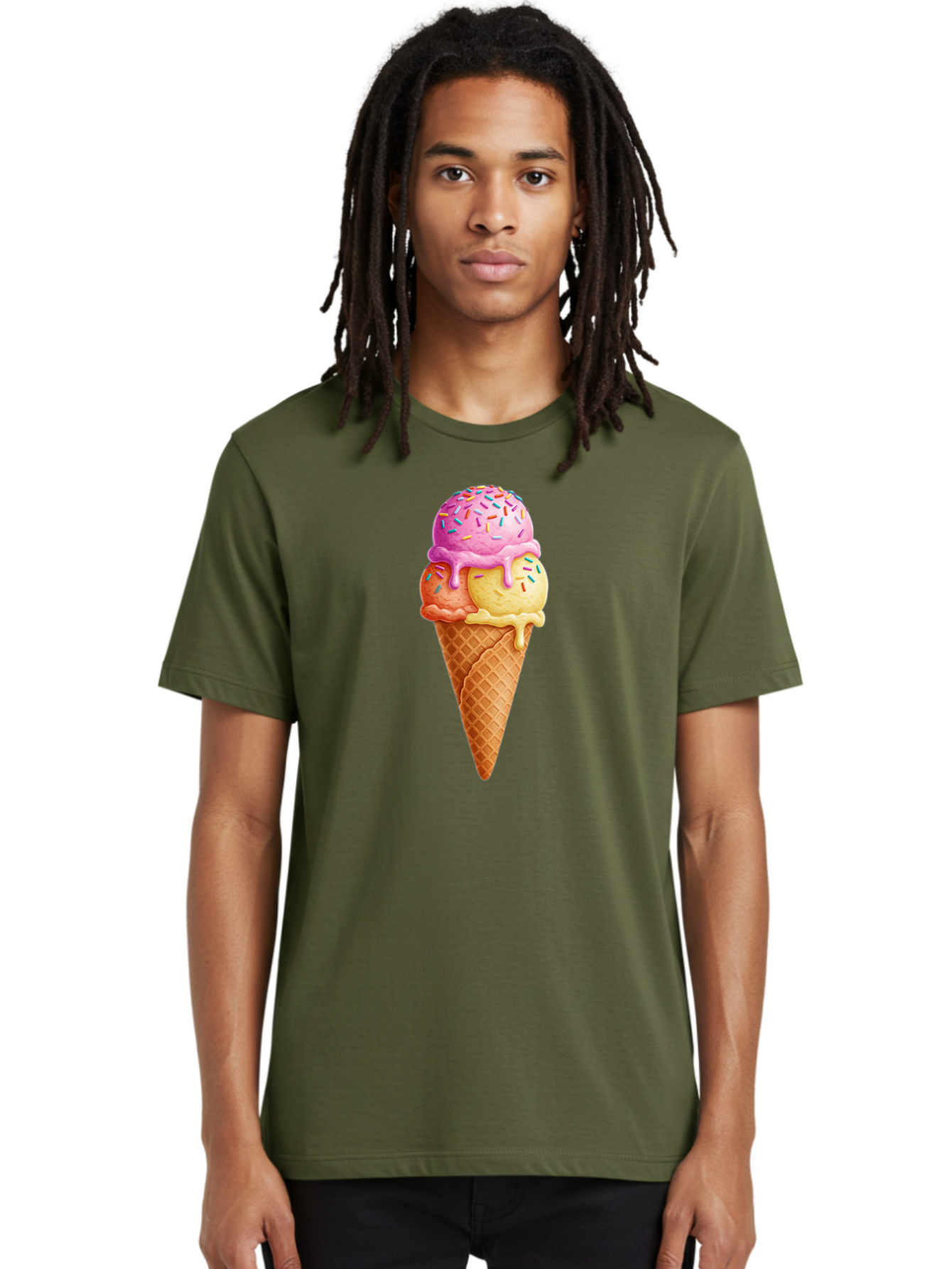 Triple-Scoop-Ice-Cream-3 Men'S Graphic Tee, 100% Cotton, Comfortable Casual Summer Wear, Machine Washable, Triple Scoop Ice Cream, Waffle Cone, Colorful Sprinkles, Melting Ice Cream, Sweet Treat, Dessert Delight, Pastel Colors, Summer Fun, Bab556 29