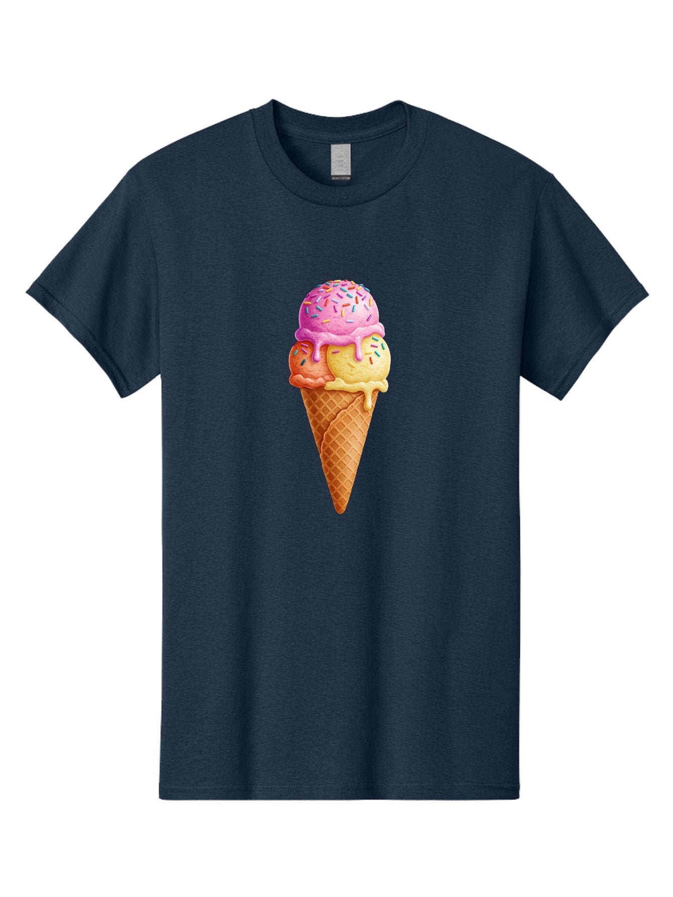 Triple-Scoop-Ice-Cream-3 Men'S Graphic Tee, 100% Cotton, Comfortable Casual Summer Wear, Machine Washable, Triple Scoop Ice Cream, Waffle Cone, Colorful Sprinkles, Melting Ice Cream, Sweet Treat, Dessert Delight, Pastel Colors, Summer Fun, Bab556