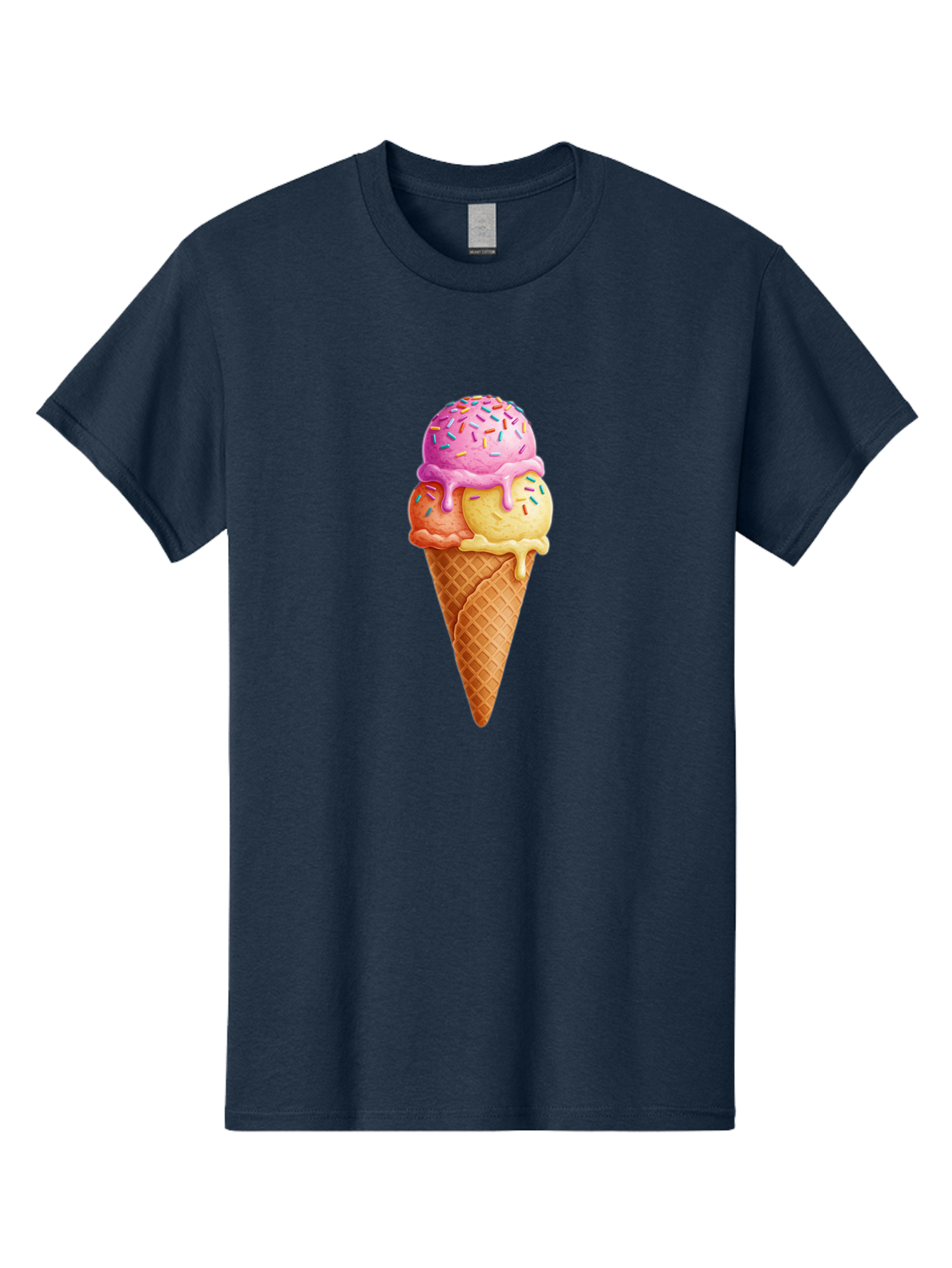 Triple-Scoop-Ice-Cream-3 Men'S Graphic Tee, 100% Cotton, Comfortable Casual Summer Wear, Machine Washable, Triple Scoop Ice Cream, Waffle Cone, Colorful Sprinkles, Melting Ice Cream, Sweet Treat, Dessert Delight, Pastel Colors, Summer Fun, Bab556 10