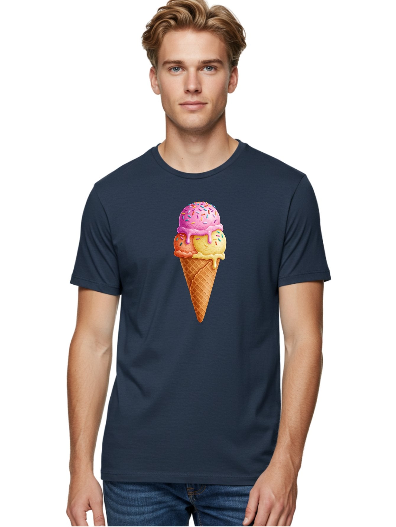 Triple-Scoop-Ice-Cream-3 Men'S Graphic Tee, 100% Cotton, Comfortable Casual Summer Wear, Machine Washable, Triple Scoop Ice Cream, Waffle Cone, Colorful Sprinkles, Melting Ice Cream, Sweet Treat, Dessert Delight, Pastel Colors, Summer Fun, Bab556 21