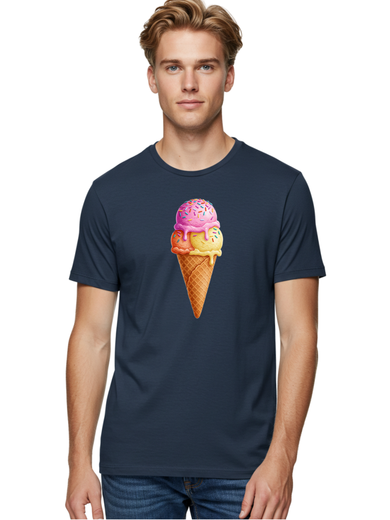 Triple-Scoop-Ice-Cream-3 Men'S Graphic Tee, 100% Cotton, Comfortable Casual Summer Wear, Machine Washable, Triple Scoop Ice Cream, Waffle Cone, Colorful Sprinkles, Melting Ice Cream, Sweet Treat, Dessert Delight, Pastel Colors, Summer Fun, Bab556 25