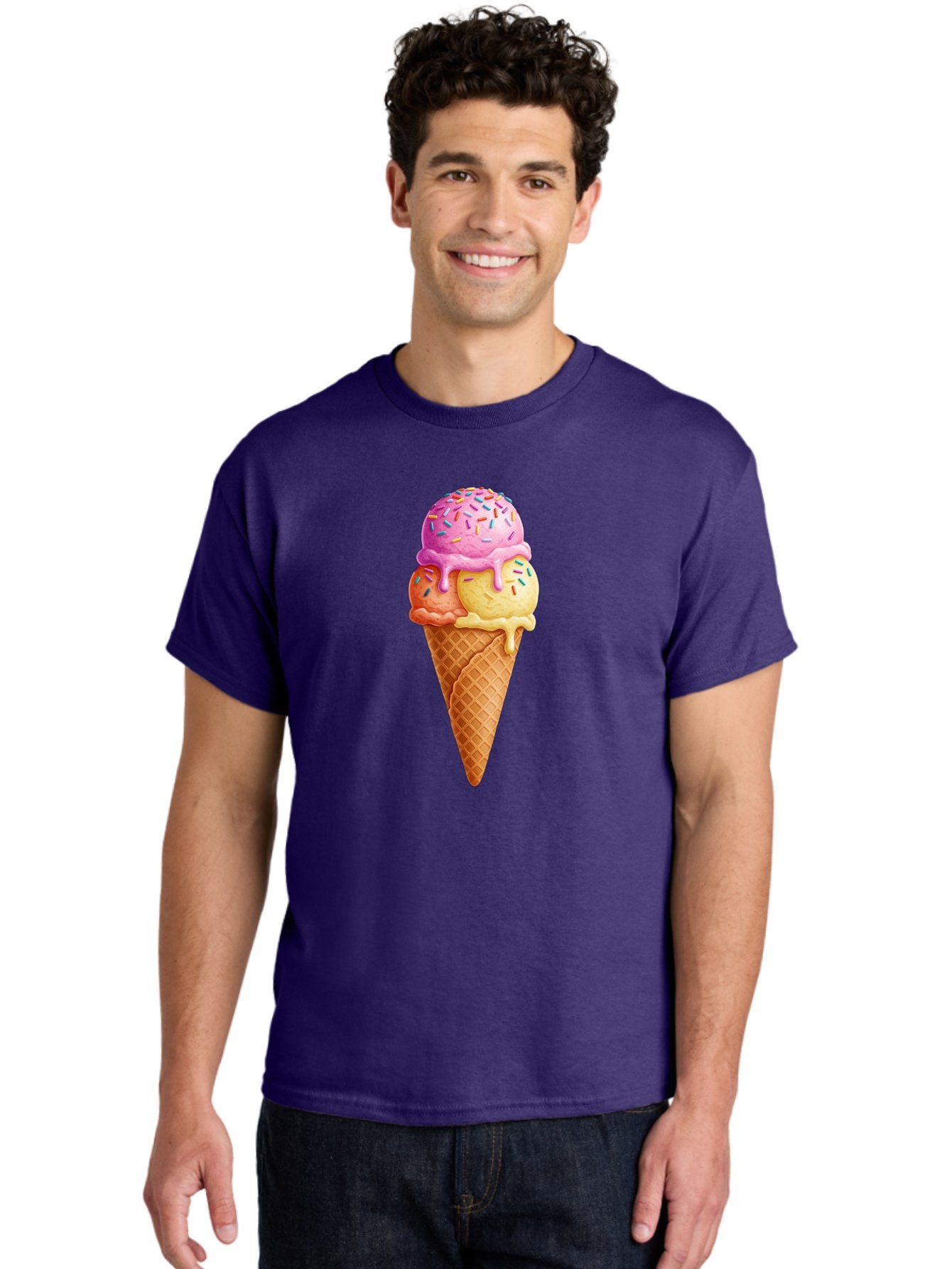 Triple-Scoop-Ice-Cream-3 Men'S Graphic Tee, 100% Cotton, Comfortable Casual Summer Wear, Machine Washable, Triple Scoop Ice Cream, Waffle Cone, Colorful Sprinkles, Melting Ice Cream, Sweet Treat, Dessert Delight, Pastel Colors, Summer Fun, Bab556 25
