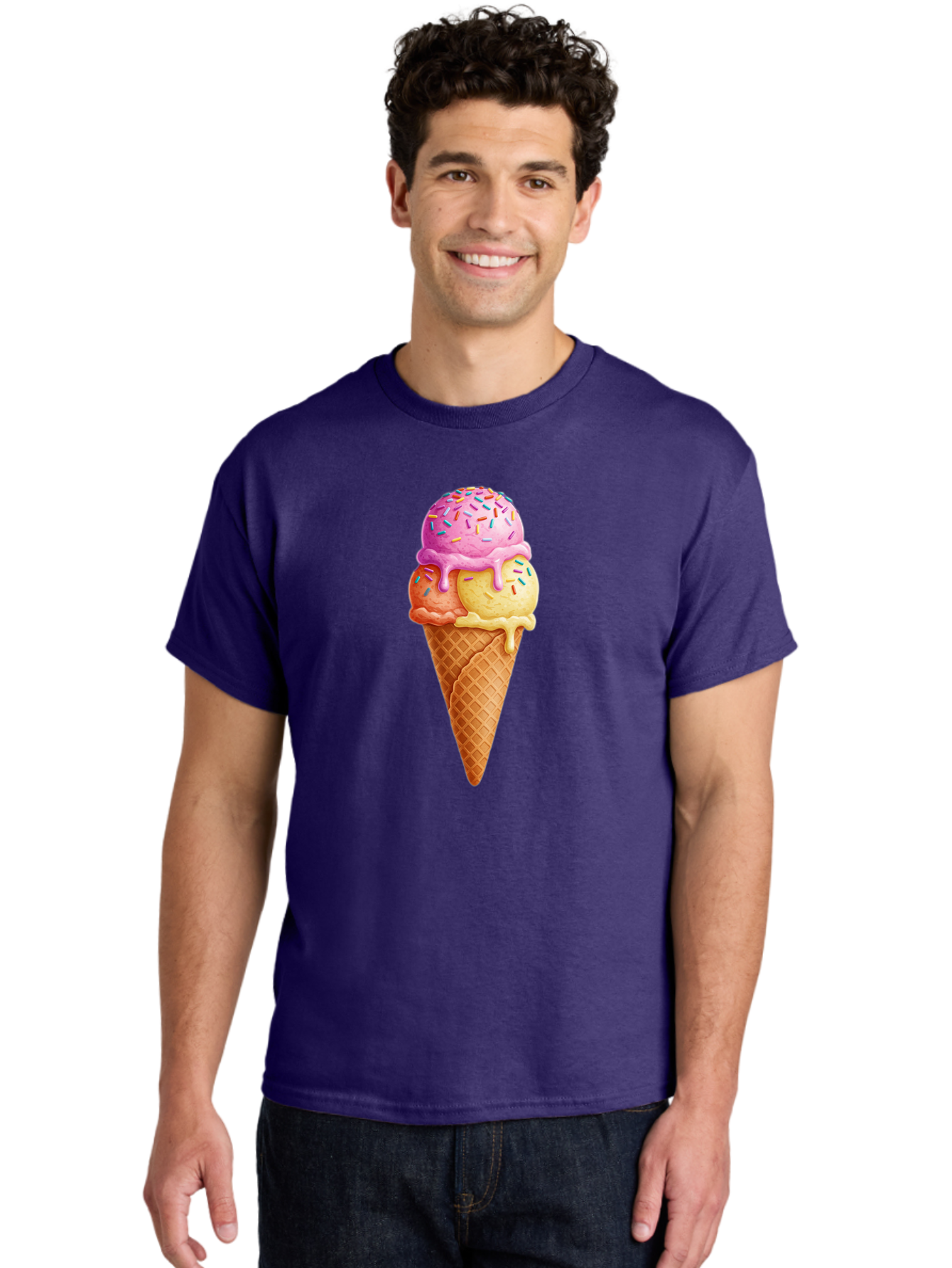 Triple-Scoop-Ice-Cream-3 Men'S Graphic Tee, 100% Cotton, Comfortable Casual Summer Wear, Machine Washable, Triple Scoop Ice Cream, Waffle Cone, Colorful Sprinkles, Melting Ice Cream, Sweet Treat, Dessert Delight, Pastel Colors, Summer Fun, Bab556 21