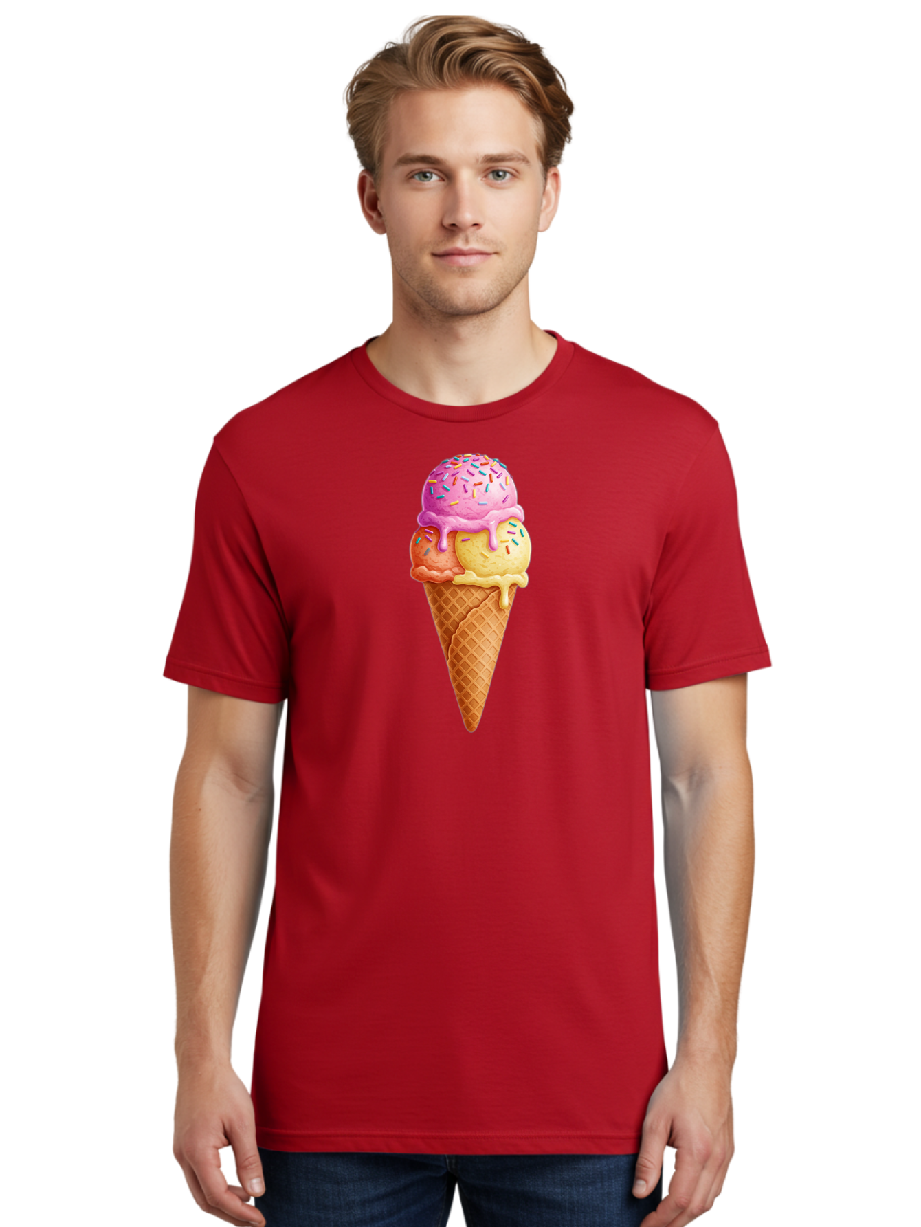 Triple-Scoop-Ice-Cream-3 Men'S Graphic Tee, 100% Cotton, Comfortable Casual Summer Wear, Machine Washable, Triple Scoop Ice Cream, Waffle Cone, Colorful Sprinkles, Melting Ice Cream, Sweet Treat, Dessert Delight, Pastel Colors, Summer Fun, Bab556 20