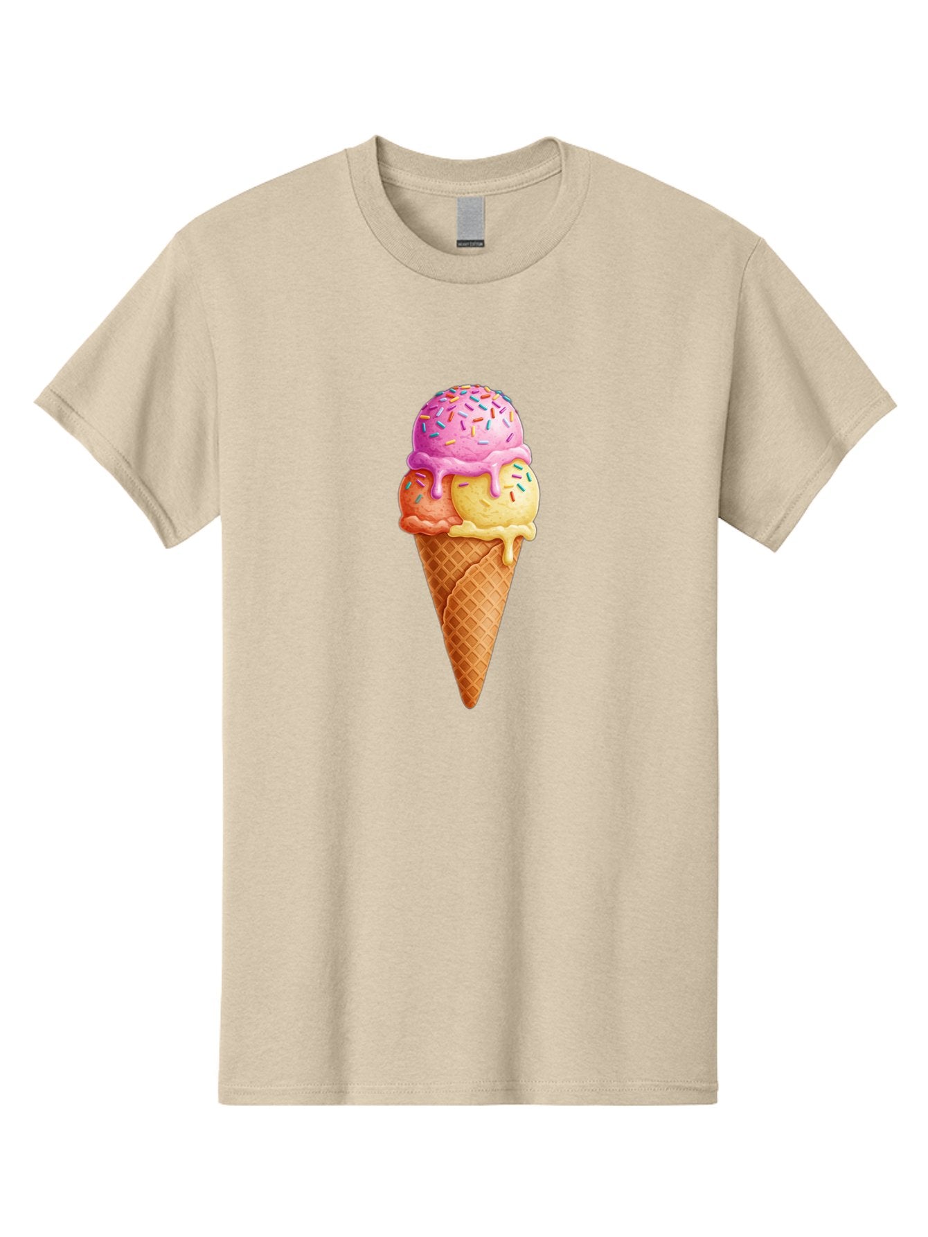 Triple-Scoop-Ice-Cream-3 Men'S Graphic Tee, 100% Cotton, Comfortable Casual Summer Wear, Machine Washable, Triple Scoop Ice Cream, Waffle Cone, Colorful Sprinkles, Melting Ice Cream, Sweet Treat, Dessert Delight, Pastel Colors, Summer Fun, Bab556 11