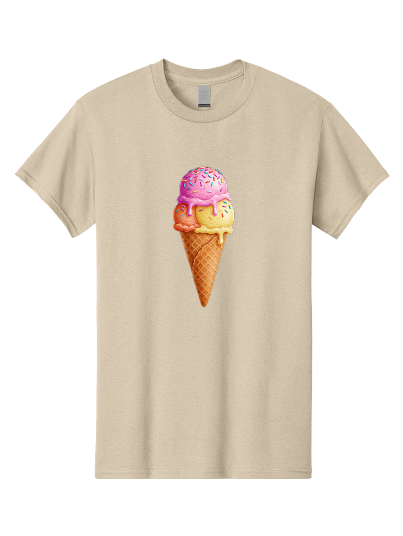 Triple-Scoop-Ice-Cream-3 Men'S Graphic Tee, 100% Cotton, Comfortable Casual Summer Wear, Machine Washable, Triple Scoop Ice Cream, Waffle Cone, Colorful Sprinkles, Melting Ice Cream, Sweet Treat, Dessert Delight, Pastel Colors, Summer Fun, Bab556 4