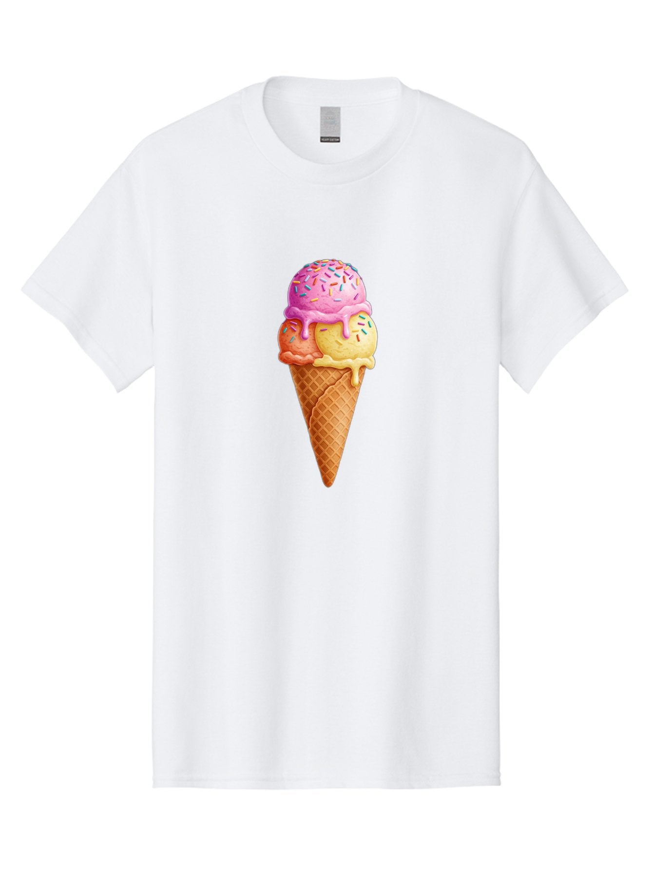 Triple-Scoop-Ice-Cream-3 Men'S Graphic Tee, 100% Cotton, Comfortable Casual Summer Wear, Machine Washable, Triple Scoop Ice Cream, Waffle Cone, Colorful Sprinkles, Melting Ice Cream, Sweet Treat, Dessert Delight, Pastel Colors, Summer Fun, Bab556 15