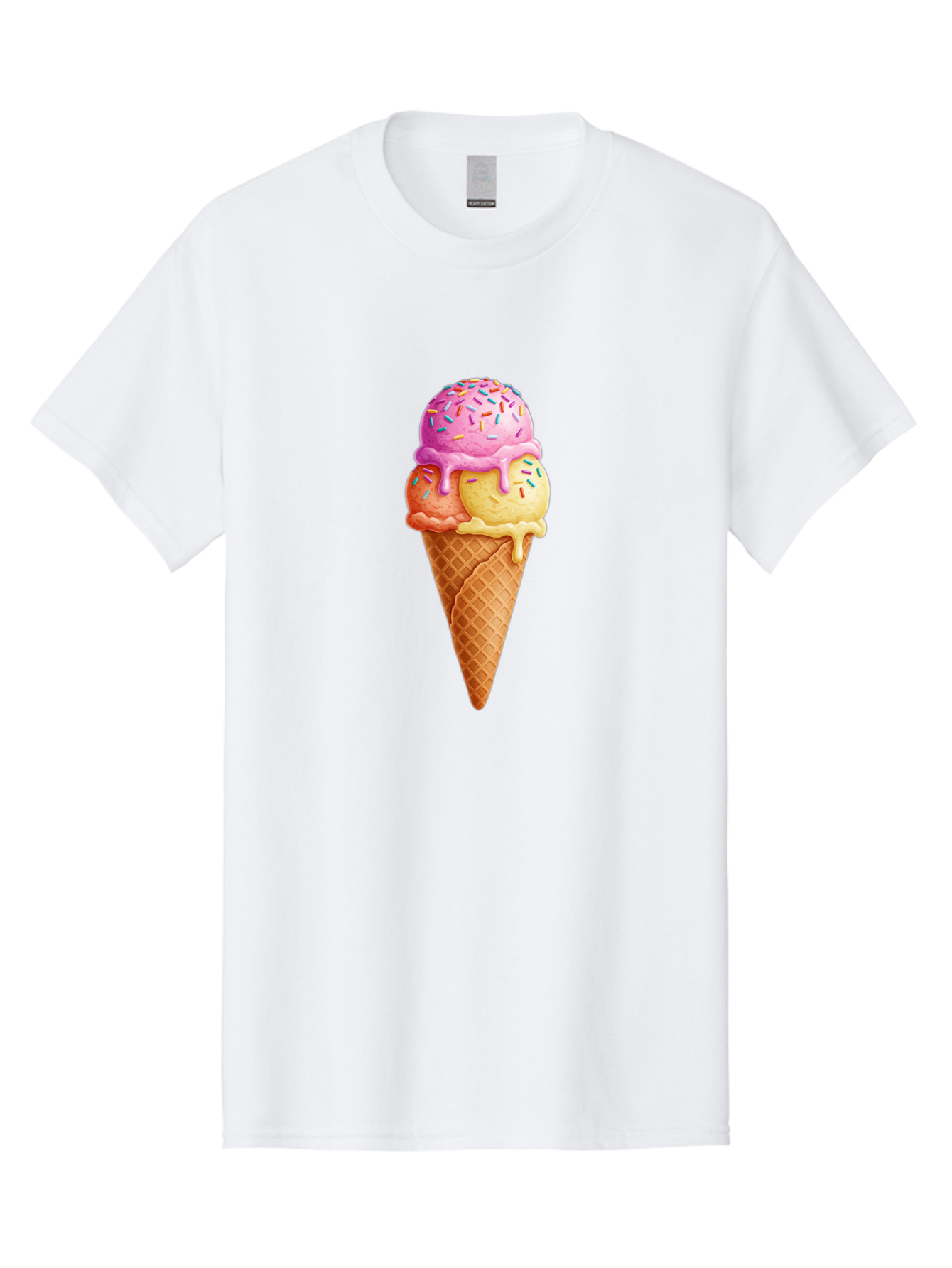 Triple-Scoop-Ice-Cream-3 Men'S Graphic Tee, 100% Cotton, Comfortable Casual Summer Wear, Machine Washable, Triple Scoop Ice Cream, Waffle Cone, Colorful Sprinkles, Melting Ice Cream, Sweet Treat, Dessert Delight, Pastel Colors, Summer Fun, Bab556