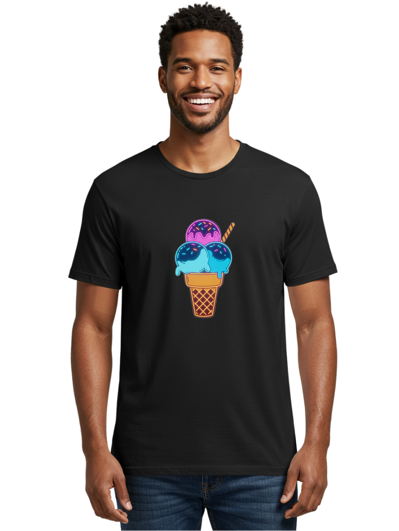 Triple-Scoop-Ice-Cream Men'S Graphic Tee, 100% Cotton, Comfortable Casual Summer Wear, Machine Washable, Ice Cream Cone, Three Scoops, Colorful Treats, Sweet Dessert, Sprinkles, Waffle Cone, Summer Fun, Creamy Texture, Vibrant Colors, Bab557 25