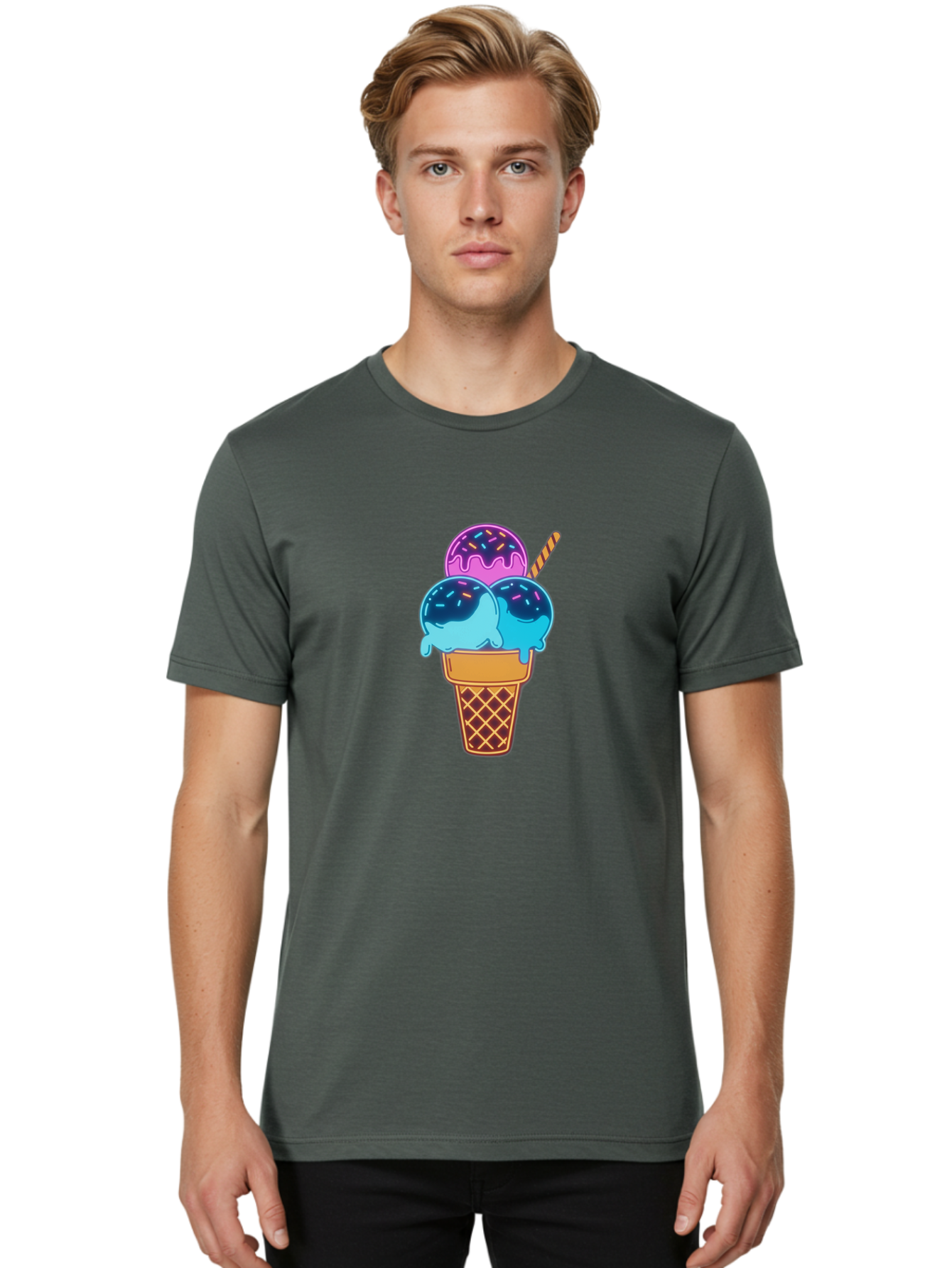 Triple-Scoop-Ice-Cream Men'S Graphic Tee, 100% Cotton, Comfortable Casual Summer Wear, Machine Washable, Ice Cream Cone, Three Scoops, Colorful Treats, Sweet Dessert, Sprinkles, Waffle Cone, Summer Fun, Creamy Texture, Vibrant Colors, Bab557 23