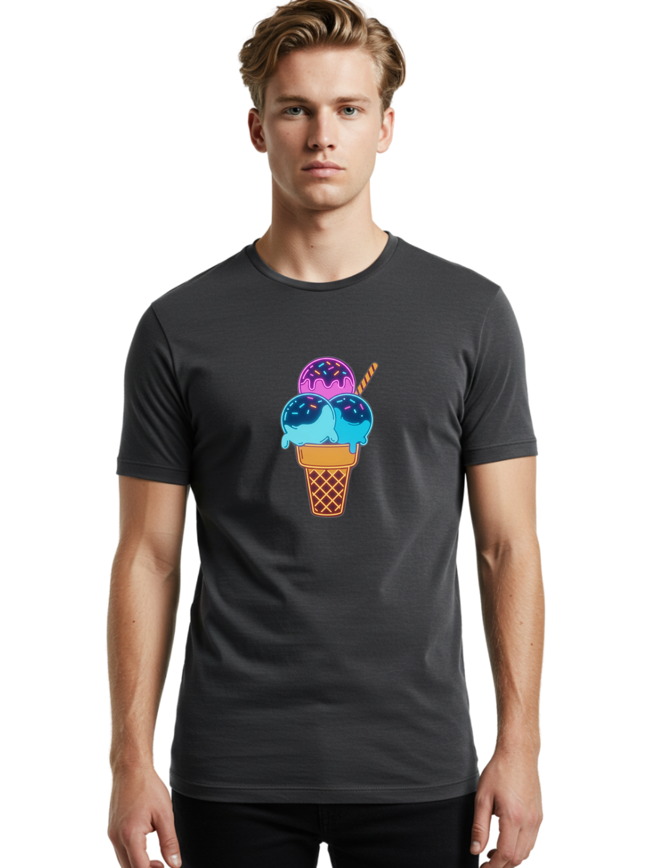 Triple-Scoop-Ice-Cream Men'S Graphic Tee, 100% Cotton, Comfortable Casual Summer Wear, Machine Washable, Ice Cream Cone, Three Scoops, Colorful Treats, Sweet Dessert, Sprinkles, Waffle Cone, Summer Fun, Creamy Texture, Vibrant Colors, Bab557 20