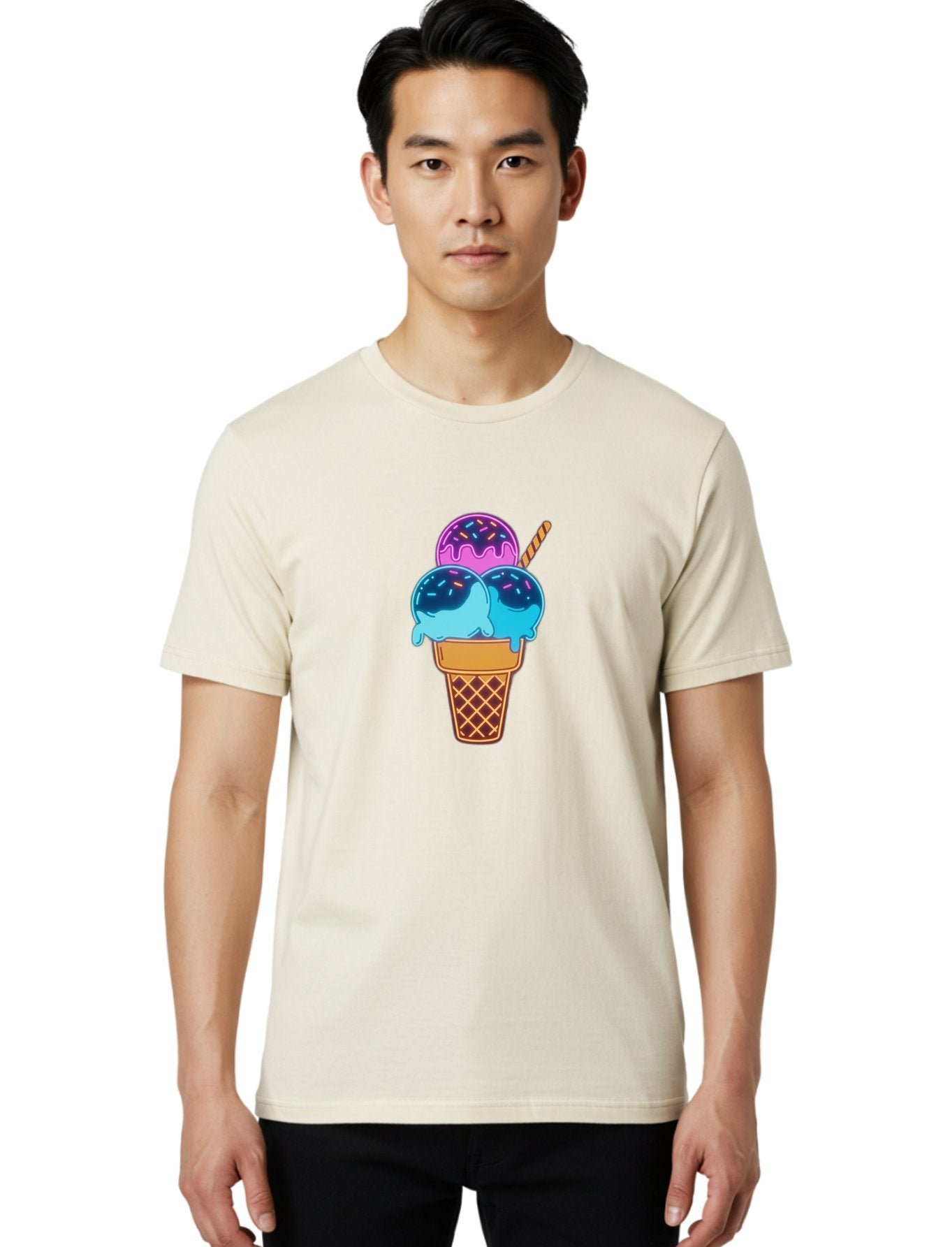 Triple-Scoop-Ice-Cream Men'S Graphic Tee, 100% Cotton, Comfortable Casual Summer Wear, Machine Washable, Ice Cream Cone, Three Scoops, Colorful Treats, Sweet Dessert, Sprinkles, Waffle Cone, Summer Fun, Creamy Texture, Vibrant Colors, Bab557 20