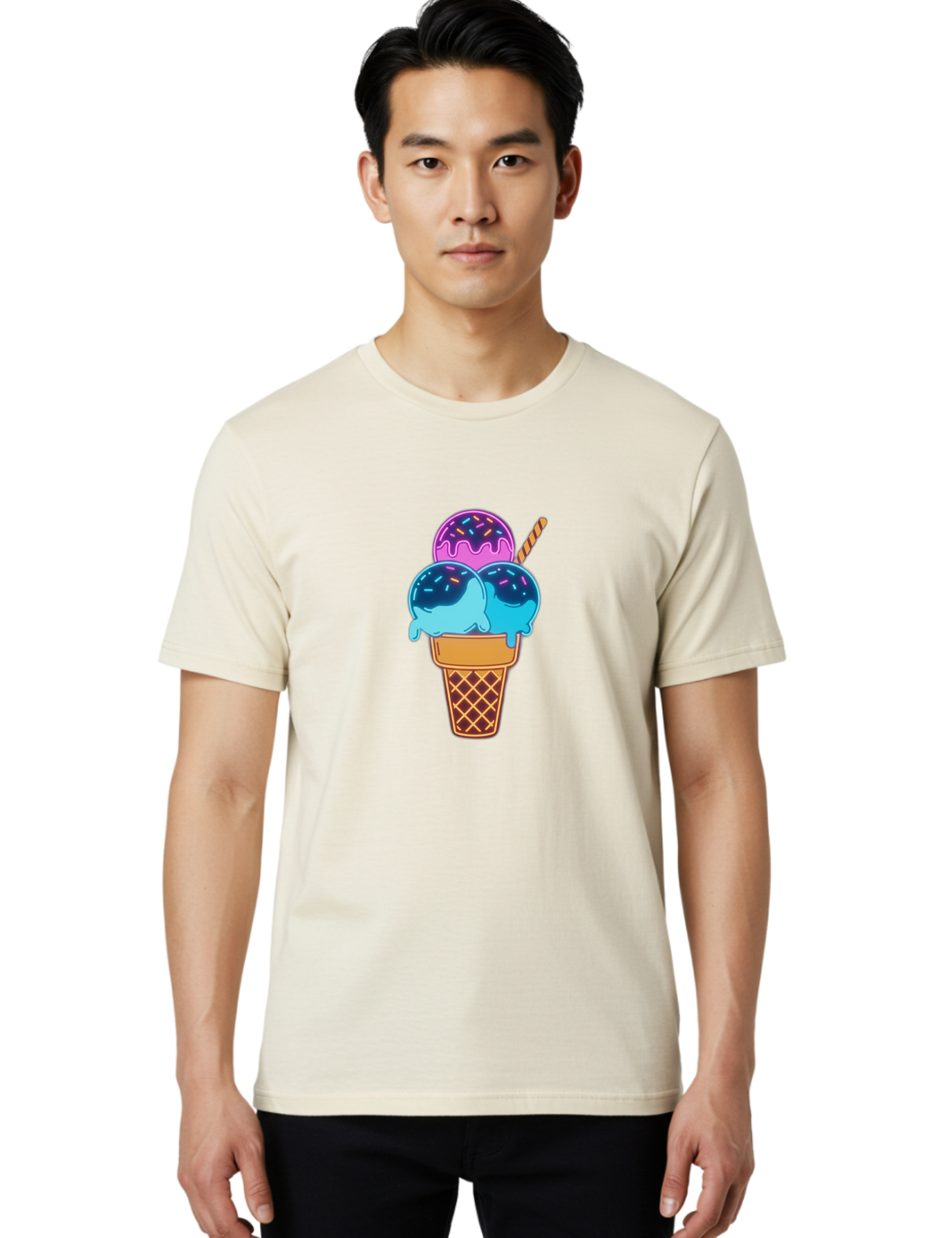Triple-Scoop-Ice-Cream Men'S Graphic Tee, 100% Cotton, Comfortable Casual Summer Wear, Machine Washable, Ice Cream Cone, Three Scoops, Colorful Treats, Sweet Dessert, Sprinkles, Waffle Cone, Summer Fun, Creamy Texture, Vibrant Colors, Bab557 30