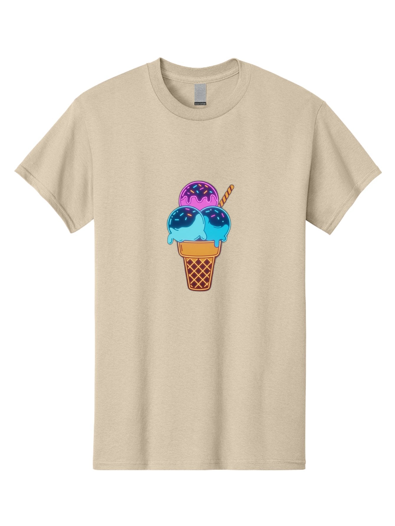 Triple-Scoop-Ice-Cream Men'S Graphic Tee, 100% Cotton, Comfortable Casual Summer Wear, Machine Washable, Ice Cream Cone, Three Scoops, Colorful Treats, Sweet Dessert, Sprinkles, Waffle Cone, Summer Fun, Creamy Texture, Vibrant Colors, Bab557 7