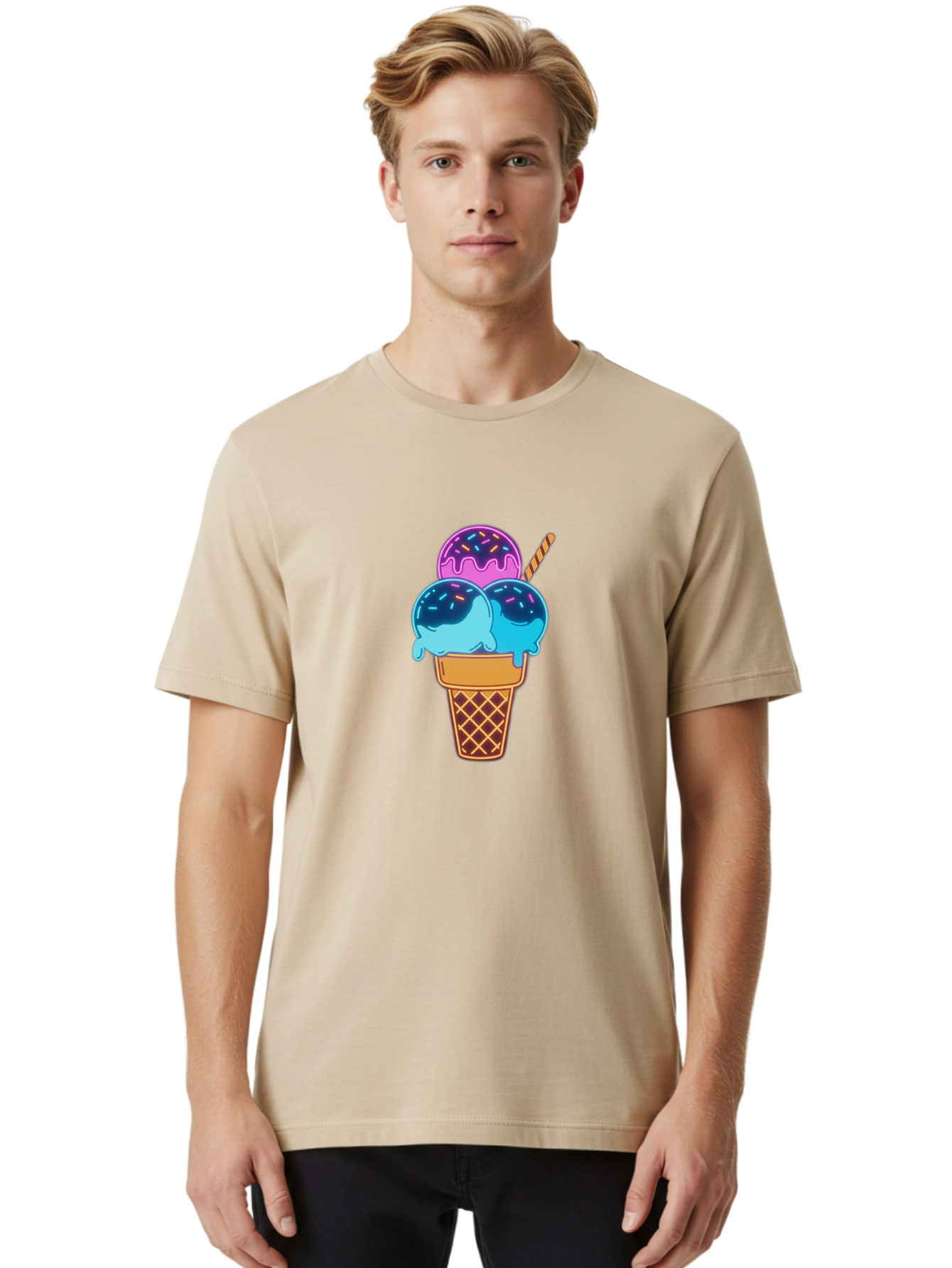 Triple-Scoop-Ice-Cream Men'S Graphic Tee, 100% Cotton, Comfortable Casual Summer Wear, Machine Washable, Ice Cream Cone, Three Scoops, Colorful Treats, Sweet Dessert, Sprinkles, Waffle Cone, Summer Fun, Creamy Texture, Vibrant Colors, Bab557 28