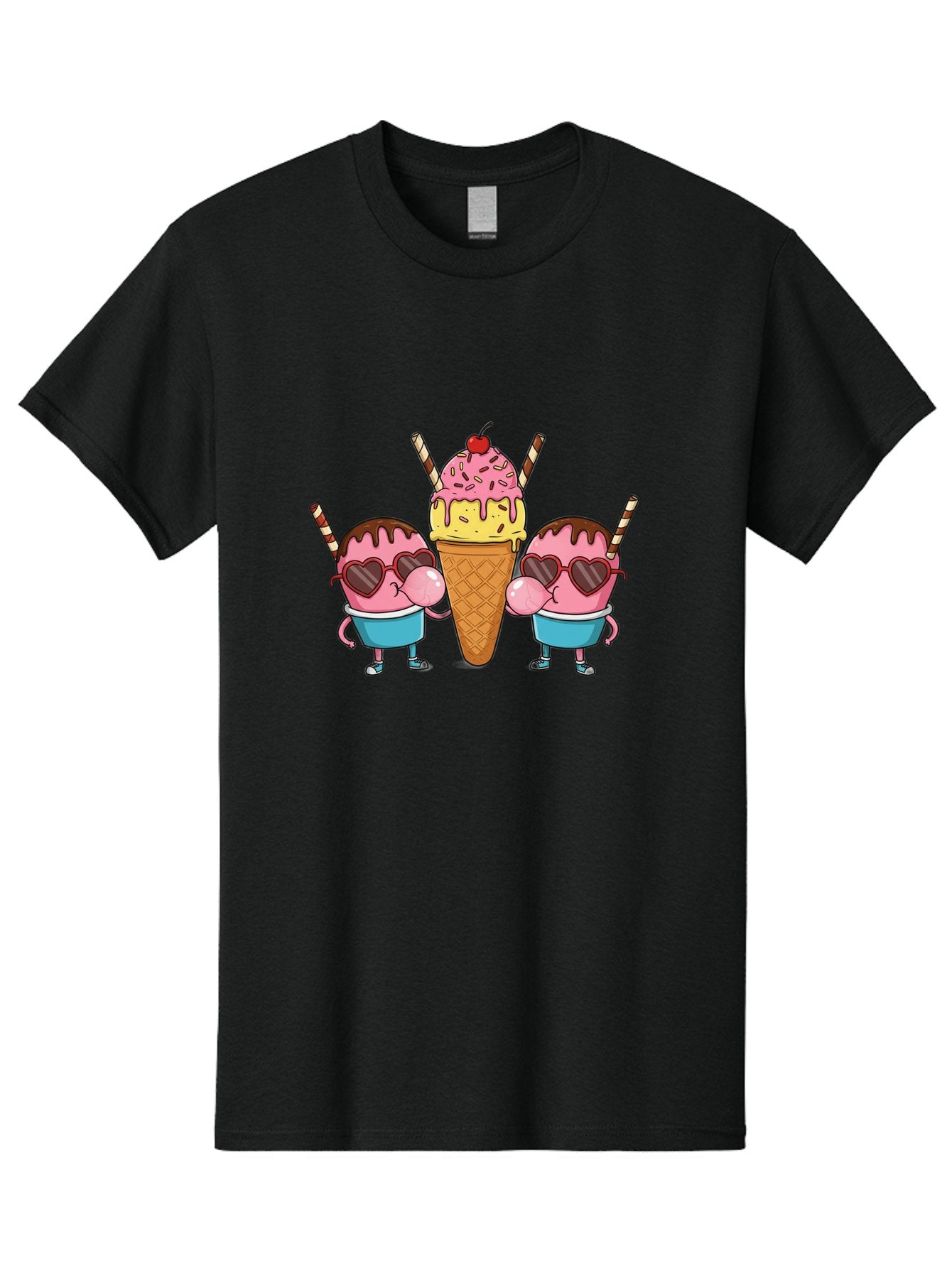 Twin-Ice-Cream Men'S Graphic Tee, 100% Cotton, Comfortable Casual Summer Wear, Machine Washable, Cartoon Ice Cream Characters, Heart-Shaped Sunglasses, Dripping Chocolate, Pink And Yellow Ice Cream, Sprinkles, Cherry On Top, Striped Straws, Bab559 7