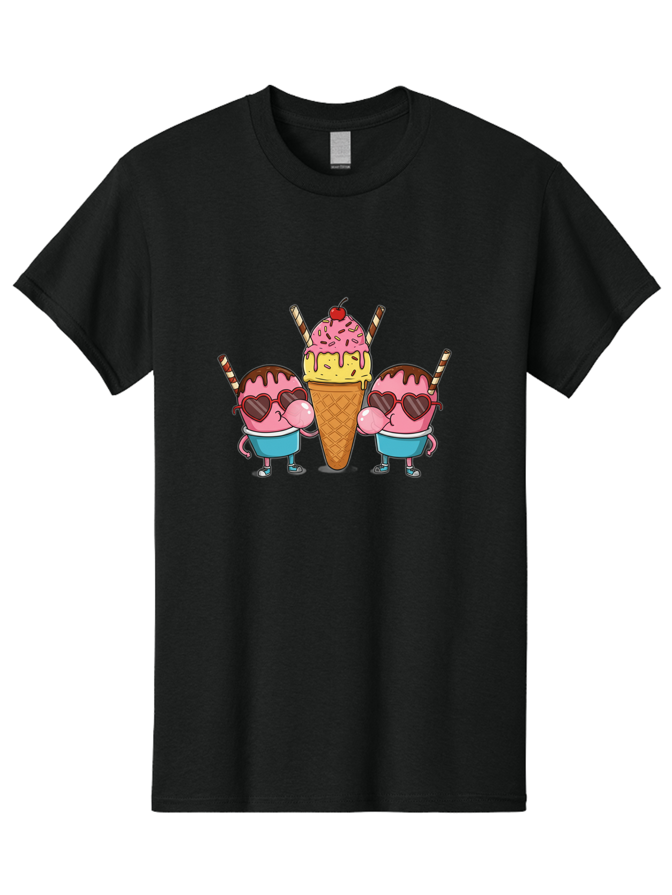 Twin-Ice-Cream Men'S Graphic Tee, 100% Cotton, Comfortable Casual Summer Wear, Machine Washable, Cartoon Ice Cream Characters, Heart-Shaped Sunglasses, Dripping Chocolate, Pink And Yellow Ice Cream, Sprinkles, Cherry On Top, Striped Straws, Bab559 13