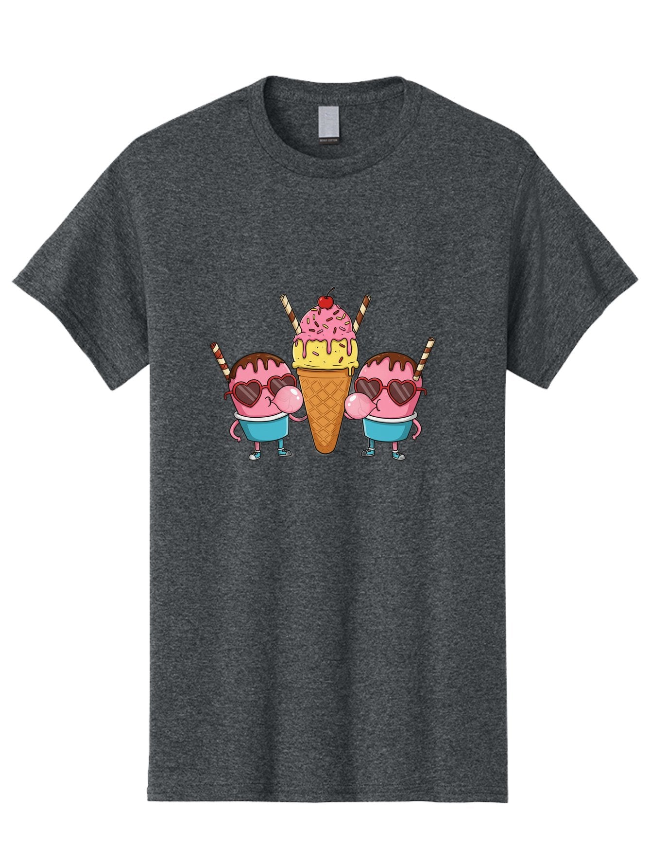 Twin-Ice-Cream Men'S Graphic Tee, 100% Cotton, Comfortable Casual Summer Wear, Machine Washable, Cartoon Ice Cream Characters, Heart-Shaped Sunglasses, Dripping Chocolate, Pink And Yellow Ice Cream, Sprinkles, Cherry On Top, Striped Straws, Bab559 10