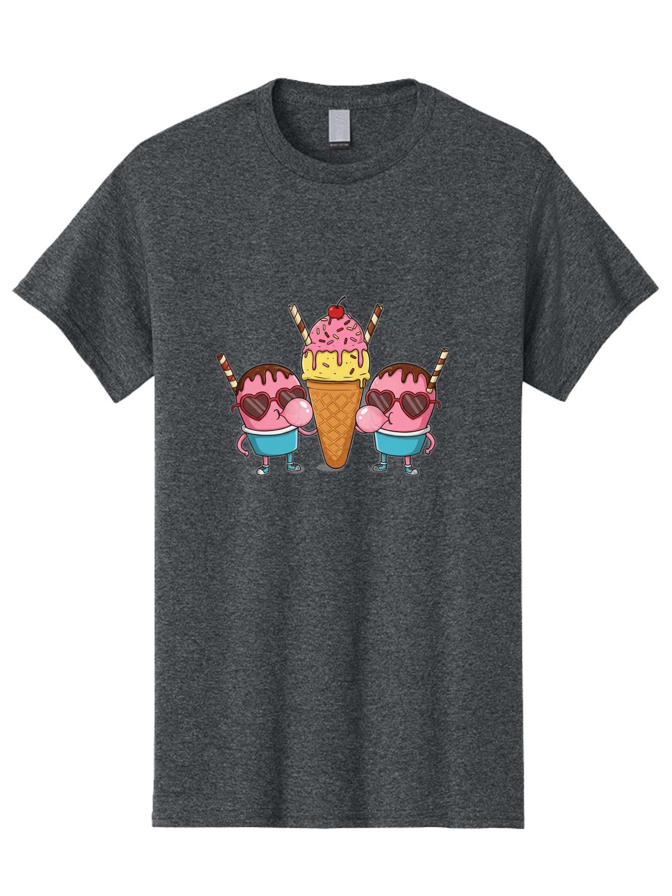 Twin-Ice-Cream Men'S Graphic Tee, 100% Cotton, Comfortable Casual Summer Wear, Machine Washable, Cartoon Ice Cream Characters, Heart-Shaped Sunglasses, Dripping Chocolate, Pink And Yellow Ice Cream, Sprinkles, Cherry On Top, Striped Straws, Bab559 14