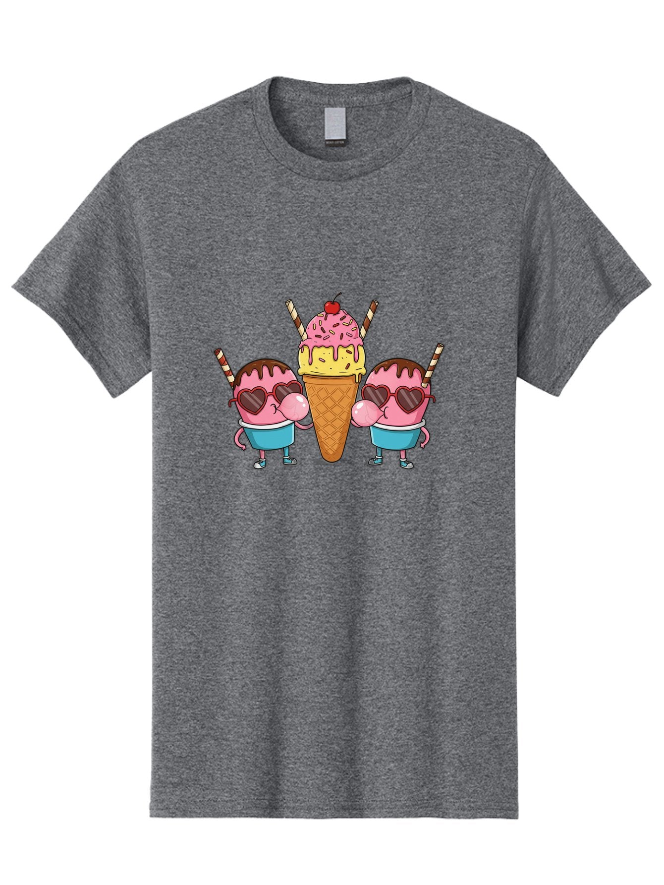 Twin-Ice-Cream Men'S Graphic Tee, 100% Cotton, Comfortable Casual Summer Wear, Machine Washable, Cartoon Ice Cream Characters, Heart-Shaped Sunglasses, Dripping Chocolate, Pink And Yellow Ice Cream, Sprinkles, Cherry On Top, Striped Straws, Bab559 8