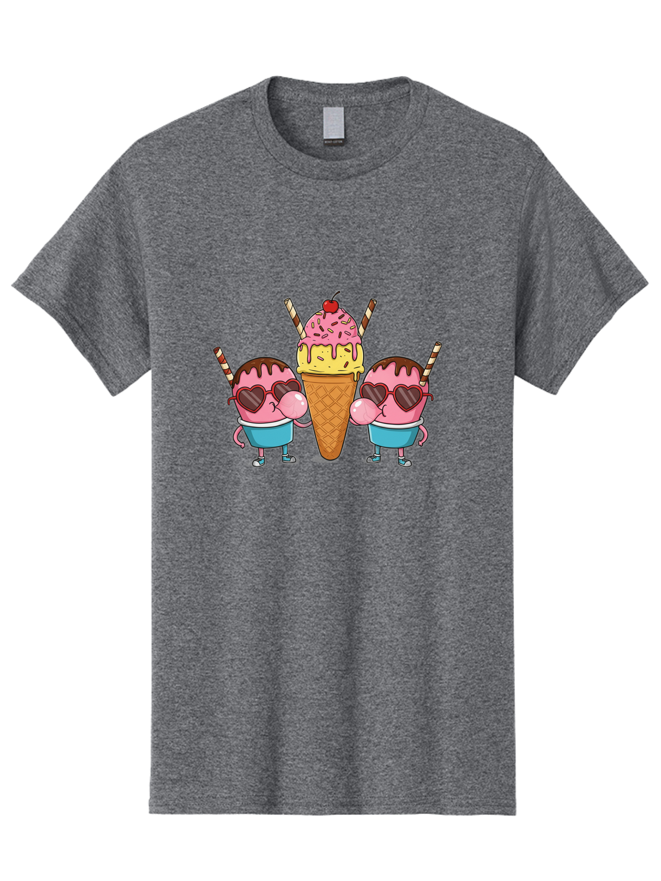 Twin-Ice-Cream Men'S Graphic Tee, 100% Cotton, Comfortable Casual Summer Wear, Machine Washable, Cartoon Ice Cream Characters, Heart-Shaped Sunglasses, Dripping Chocolate, Pink And Yellow Ice Cream, Sprinkles, Cherry On Top, Striped Straws, Bab559 6