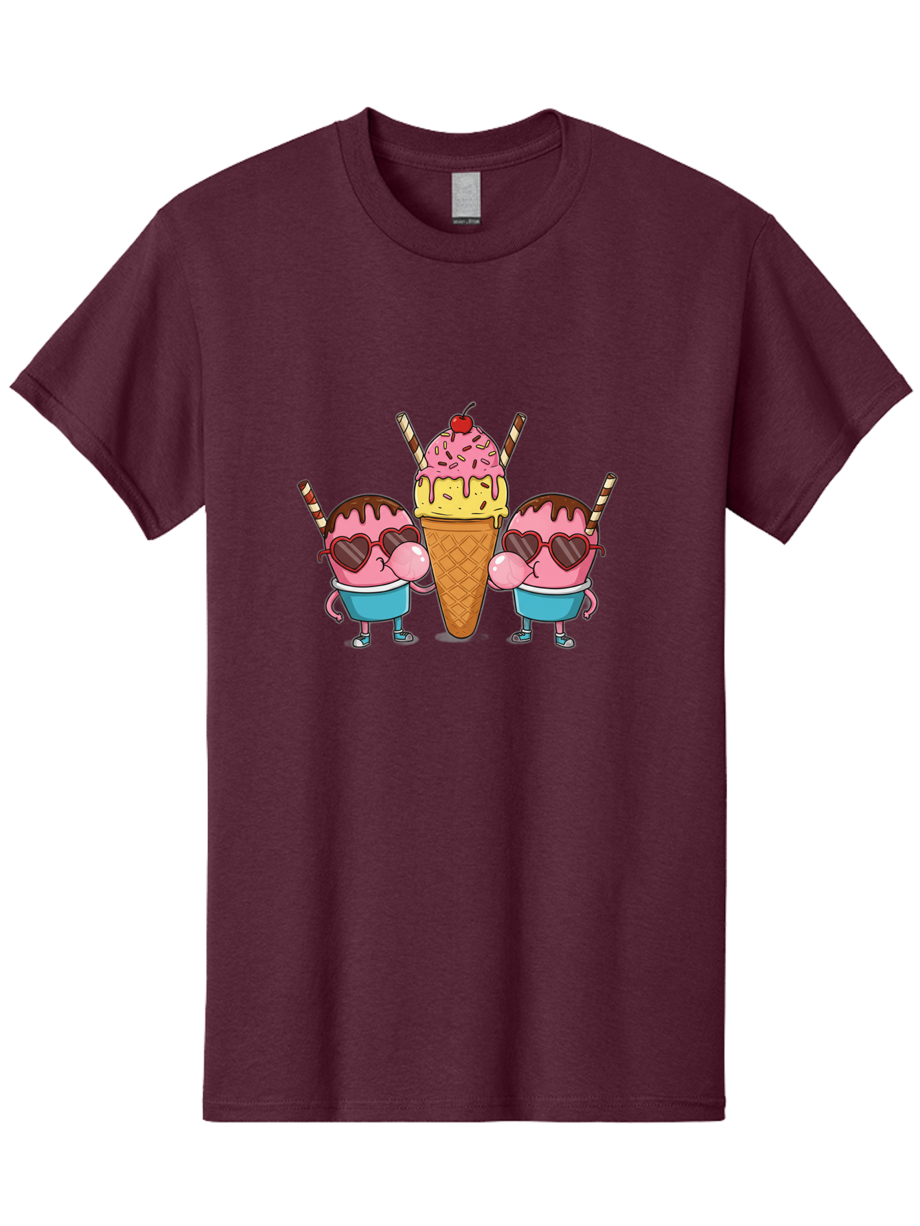 Twin-Ice-Cream Men'S Graphic Tee, 100% Cotton, Comfortable Casual Summer Wear, Machine Washable, Cartoon Ice Cream Characters, Heart-Shaped Sunglasses, Dripping Chocolate, Pink And Yellow Ice Cream, Sprinkles, Cherry On Top, Striped Straws, Bab559 3