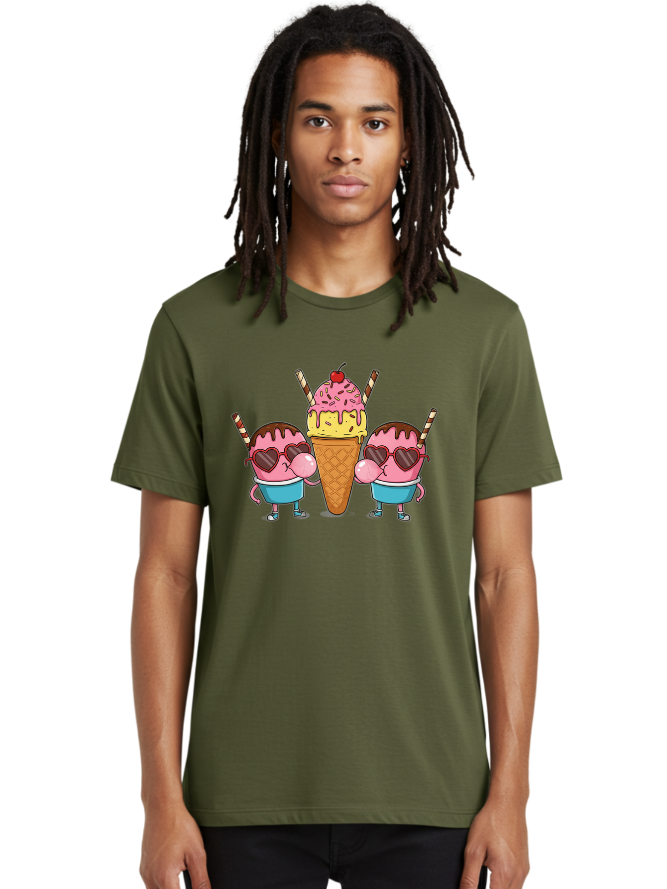Twin-Ice-Cream Men'S Graphic Tee, 100% Cotton, Comfortable Casual Summer Wear, Machine Washable, Cartoon Ice Cream Characters, Heart-Shaped Sunglasses, Dripping Chocolate, Pink And Yellow Ice Cream, Sprinkles, Cherry On Top, Striped Straws, Bab559 30