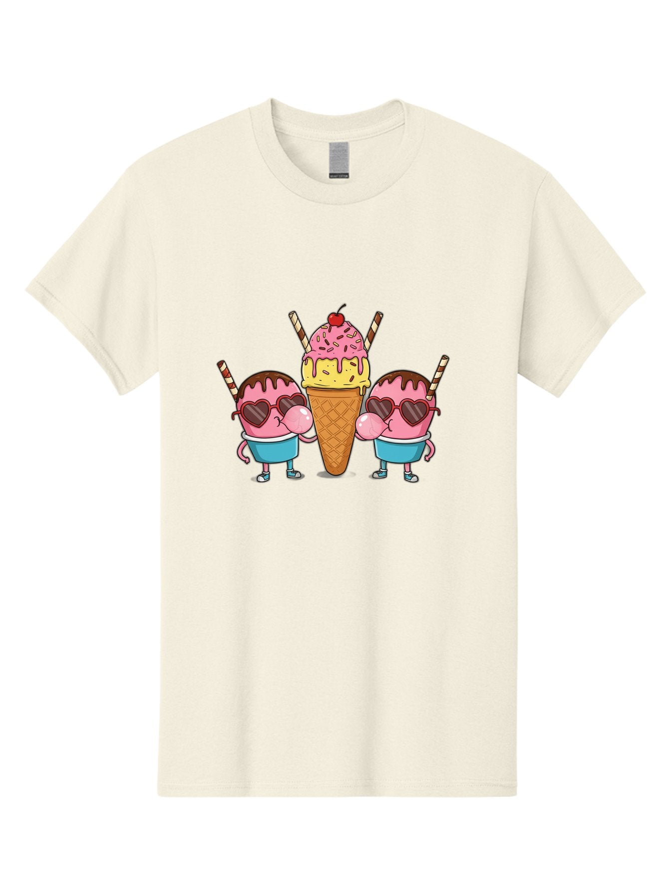 Twin-Ice-Cream Men'S Graphic Tee, 100% Cotton, Comfortable Casual Summer Wear, Machine Washable, Cartoon Ice Cream Characters, Heart-Shaped Sunglasses, Dripping Chocolate, Pink And Yellow Ice Cream, Sprinkles, Cherry On Top, Striped Straws, Bab559 11