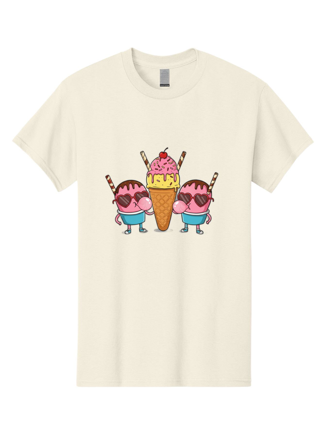 Twin-Ice-Cream Men'S Graphic Tee, 100% Cotton, Comfortable Casual Summer Wear, Machine Washable, Cartoon Ice Cream Characters, Heart-Shaped Sunglasses, Dripping Chocolate, Pink And Yellow Ice Cream, Sprinkles, Cherry On Top, Striped Straws, Bab559 4