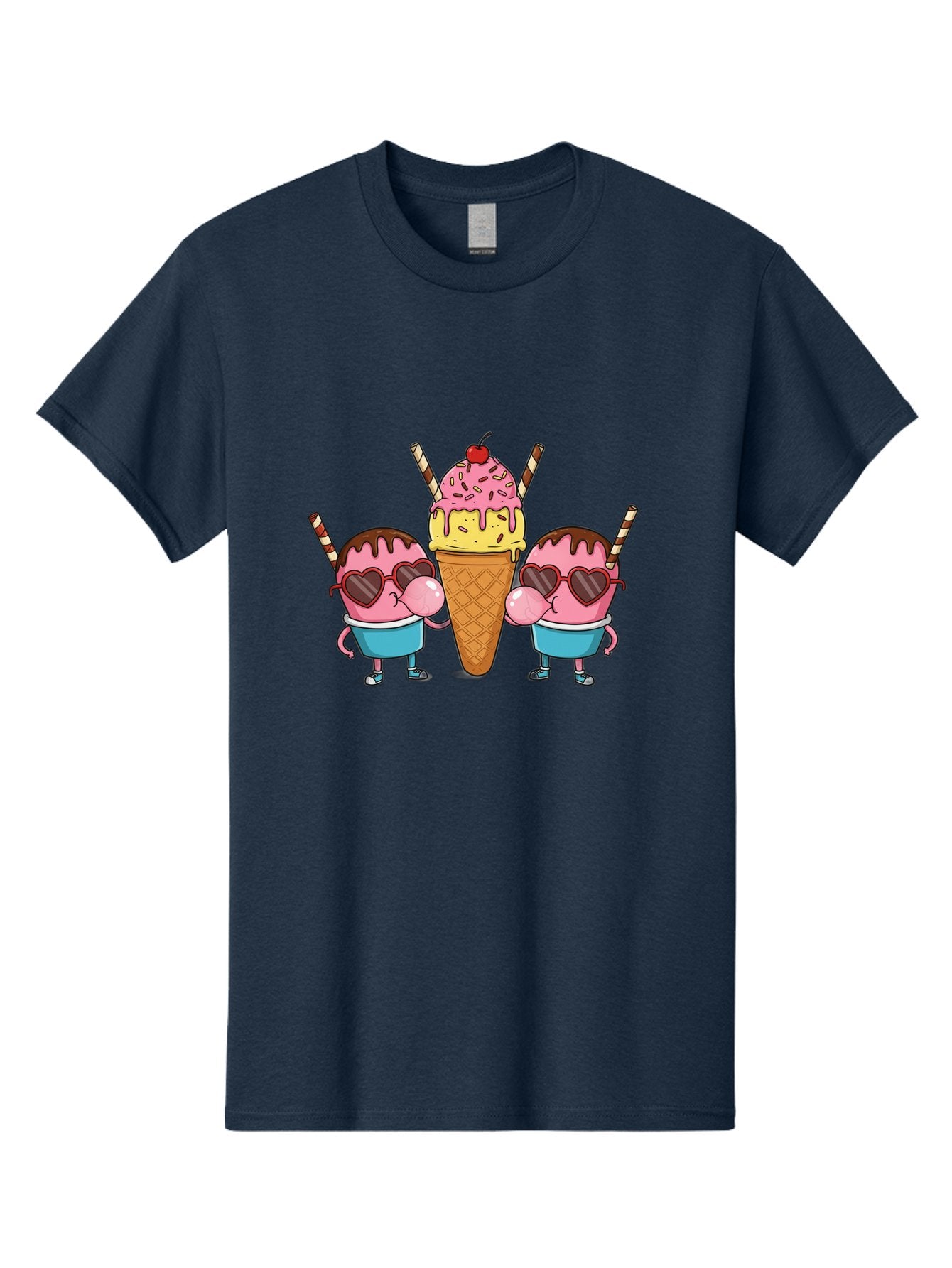 Twin-Ice-Cream Men'S Graphic Tee, 100% Cotton, Comfortable Casual Summer Wear, Machine Washable, Cartoon Ice Cream Characters, Heart-Shaped Sunglasses, Dripping Chocolate, Pink And Yellow Ice Cream, Sprinkles, Cherry On Top, Striped Straws, Bab559 6