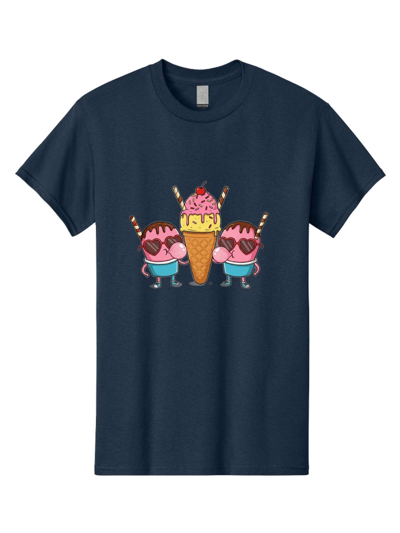 Twin-Ice-Cream Men'S Graphic Tee, 100% Cotton, Comfortable Casual Summer Wear, Machine Washable, Cartoon Ice Cream Characters, Heart-Shaped Sunglasses, Dripping Chocolate, Pink And Yellow Ice Cream, Sprinkles, Cherry On Top, Striped Straws, Bab559 7