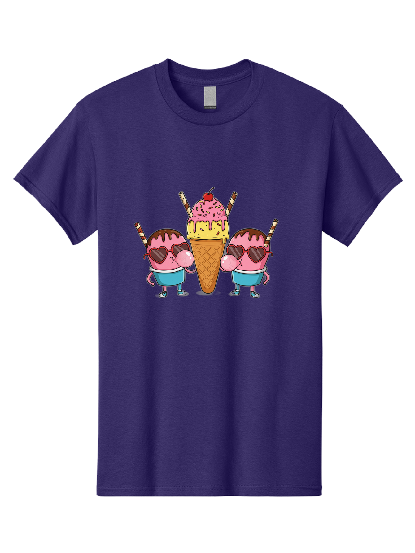 Twin-Ice-Cream Men'S Graphic Tee, 100% Cotton, Comfortable Casual Summer Wear, Machine Washable, Cartoon Ice Cream Characters, Heart-Shaped Sunglasses, Dripping Chocolate, Pink And Yellow Ice Cream, Sprinkles, Cherry On Top, Striped Straws, Bab559 10