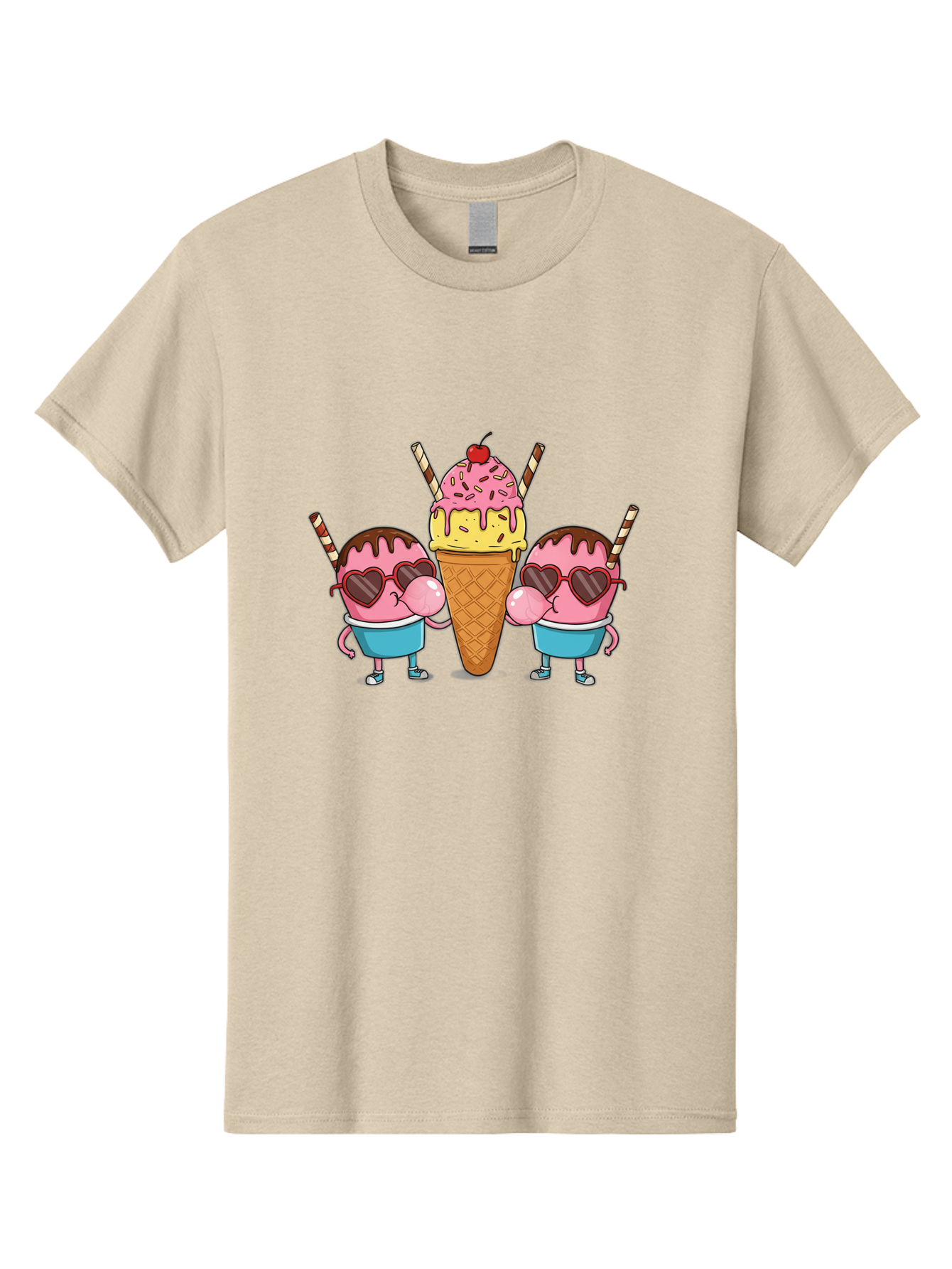 Twin-Ice-Cream Men'S Graphic Tee, 100% Cotton, Comfortable Casual Summer Wear, Machine Washable, Cartoon Ice Cream Characters, Heart-Shaped Sunglasses, Dripping Chocolate, Pink And Yellow Ice Cream, Sprinkles, Cherry On Top, Striped Straws, Bab559 9
