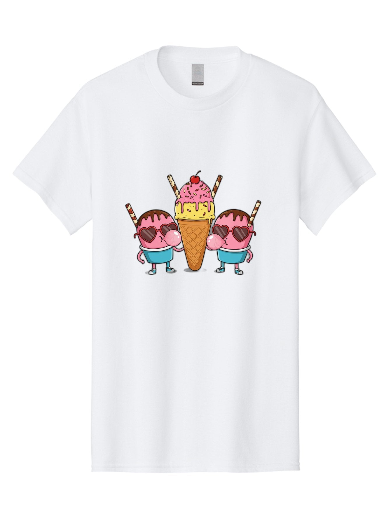 Twin-Ice-Cream Men'S Graphic Tee, 100% Cotton, Comfortable Casual Summer Wear, Machine Washable, Cartoon Ice Cream Characters, Heart-Shaped Sunglasses, Dripping Chocolate, Pink And Yellow Ice Cream, Sprinkles, Cherry On Top, Striped Straws, Bab559 15