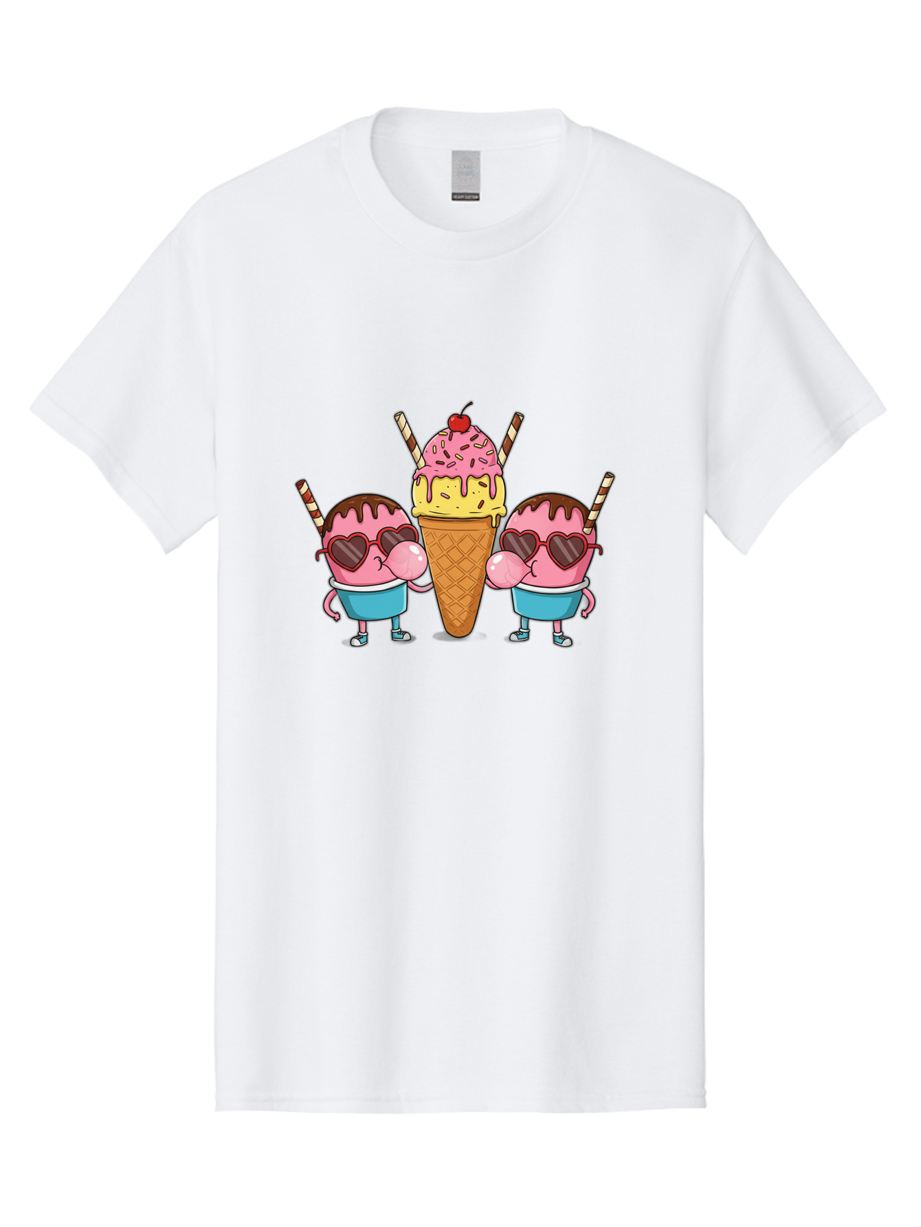Twin-Ice-Cream Men'S Graphic Tee, 100% Cotton, Comfortable Casual Summer Wear, Machine Washable, Cartoon Ice Cream Characters, Heart-Shaped Sunglasses, Dripping Chocolate, Pink And Yellow Ice Cream, Sprinkles, Cherry On Top, Striped Straws, Bab559