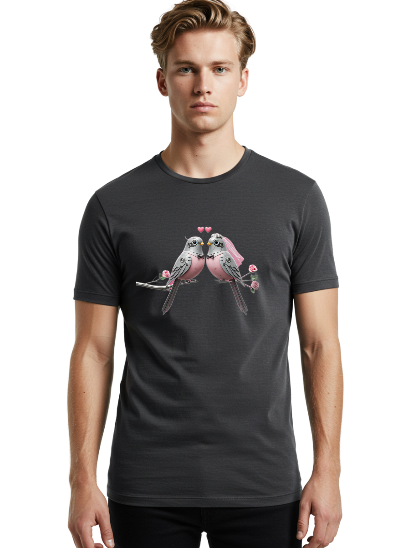 Two-Birds Men'S Graphic Tee, 100% Cotton, Comfortable Casual Summer Wear, Machine Washable, Love Birds, Couple Birds, Pink Birds On Branch, Birds With Wedding Veil, Birds Kissing, Pink Roses, Romantic Birds, Bird Couple, Adorable Birds, Bab560 21