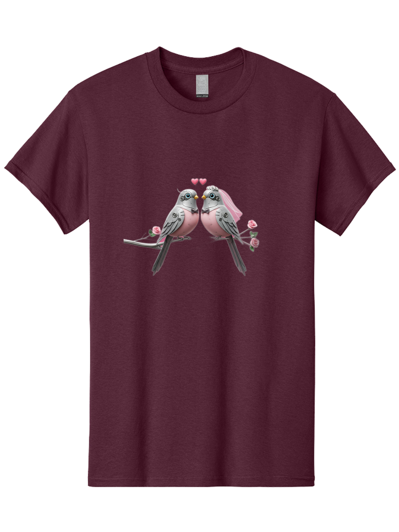 Two-Birds Men'S Graphic Tee, 100% Cotton, Comfortable Casual Summer Wear, Machine Washable, Love Birds, Couple Birds, Pink Birds On Branch, Birds With Wedding Veil, Birds Kissing, Pink Roses, Romantic Birds, Bird Couple, Adorable Birds, Bab560