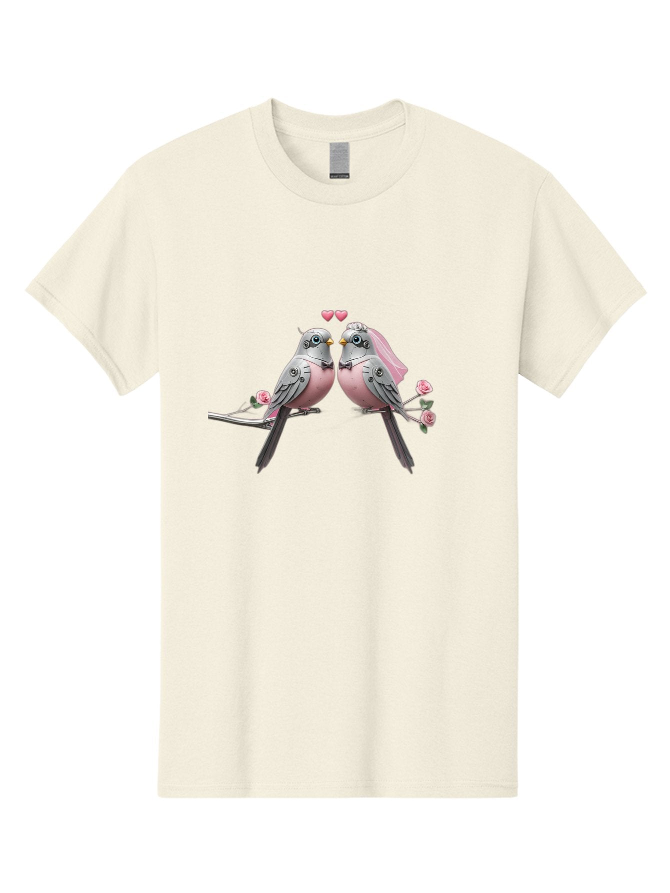 Two-Birds Men'S Graphic Tee, 100% Cotton, Comfortable Casual Summer Wear, Machine Washable, Love Birds, Couple Birds, Pink Birds On Branch, Birds With Wedding Veil, Birds Kissing, Pink Roses, Romantic Birds, Bird Couple, Adorable Birds, Bab560 15