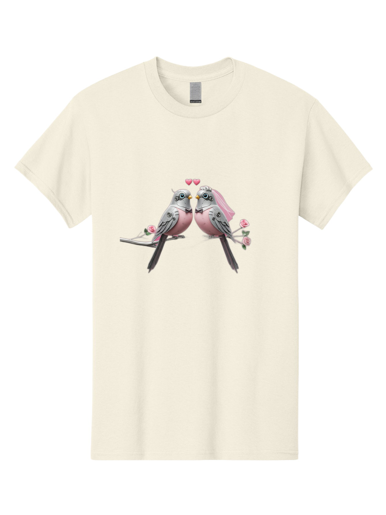 Two-Birds Men'S Graphic Tee, 100% Cotton, Comfortable Casual Summer Wear, Machine Washable, Love Birds, Couple Birds, Pink Birds On Branch, Birds With Wedding Veil, Birds Kissing, Pink Roses, Romantic Birds, Bird Couple, Adorable Birds, Bab560