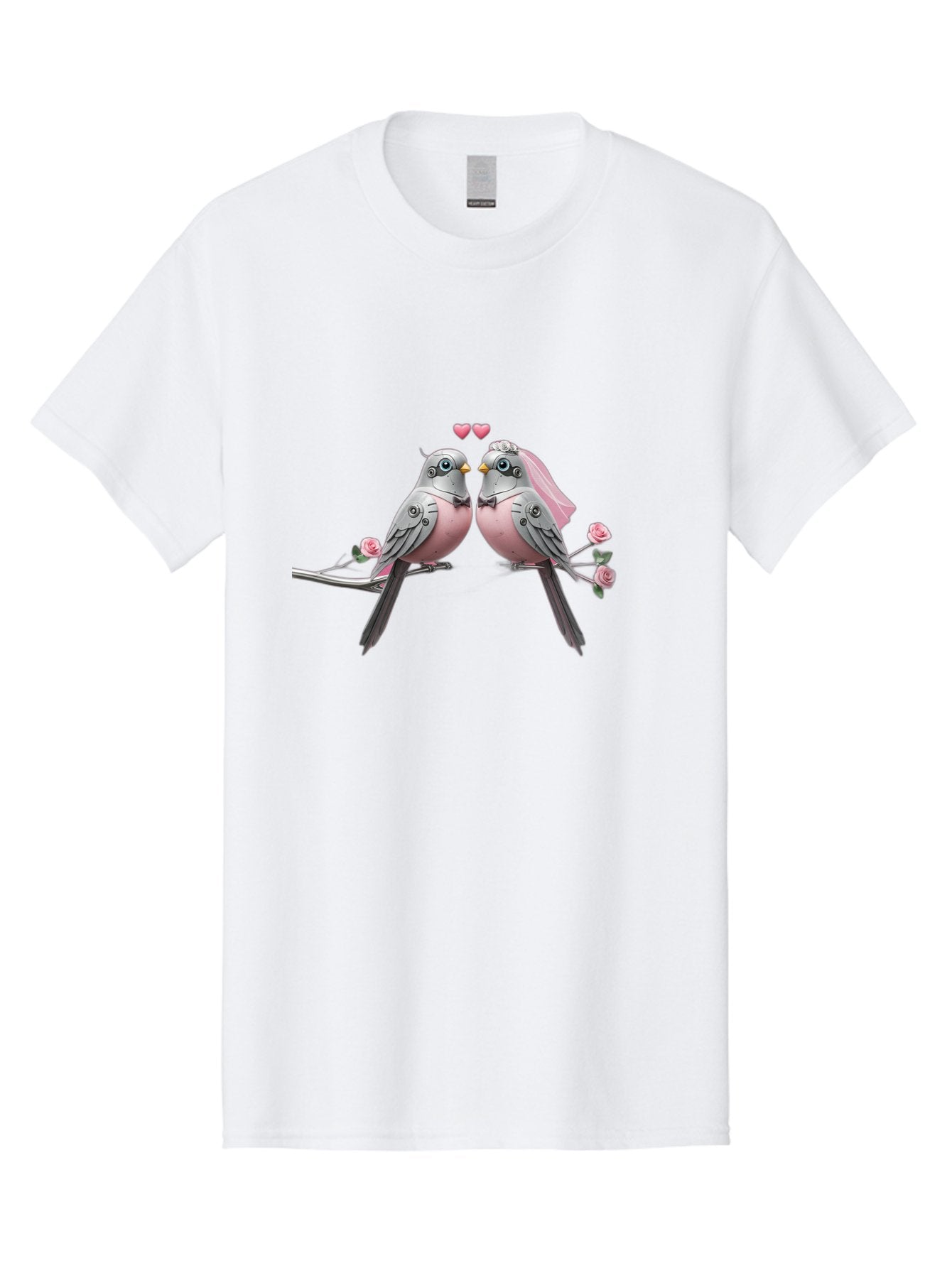 Two-Birds Men'S Graphic Tee, 100% Cotton, Comfortable Casual Summer Wear, Machine Washable, Love Birds, Couple Birds, Pink Birds On Branch, Birds With Wedding Veil, Birds Kissing, Pink Roses, Romantic Birds, Bird Couple, Adorable Birds, Bab560