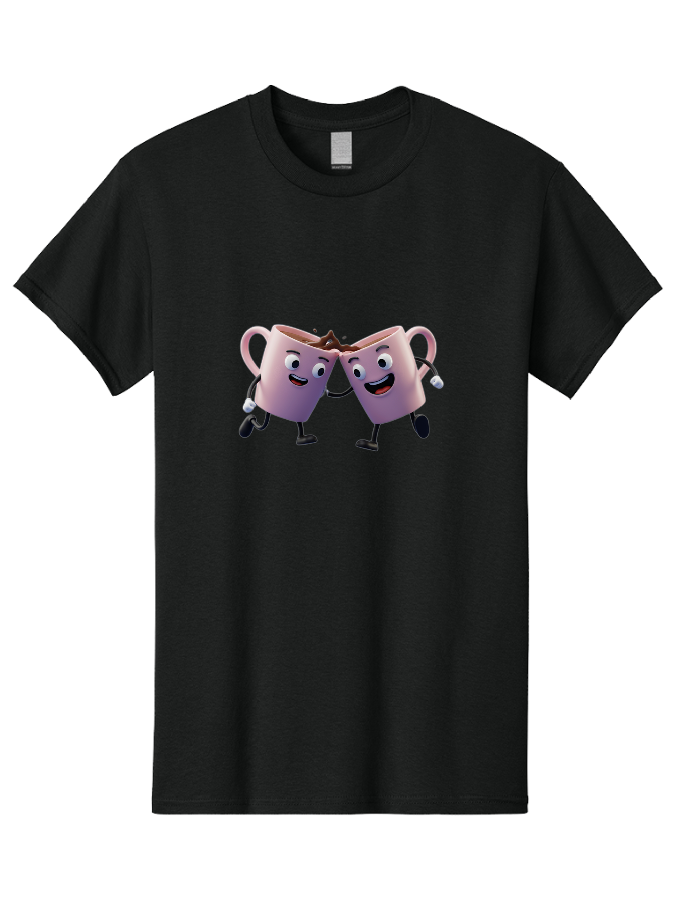Two-Pink-Coffee-Mugs Men'S Graphic Tee, 100% Cotton, Comfortable Casual Summer Wear, Machine Washable, Coffee Mugs Cheering, Cartoon Characters, Happy Faces, Coffee Lovers, Friendship, Joyful Moments, Coffee Culture, Playful Design, Bab562