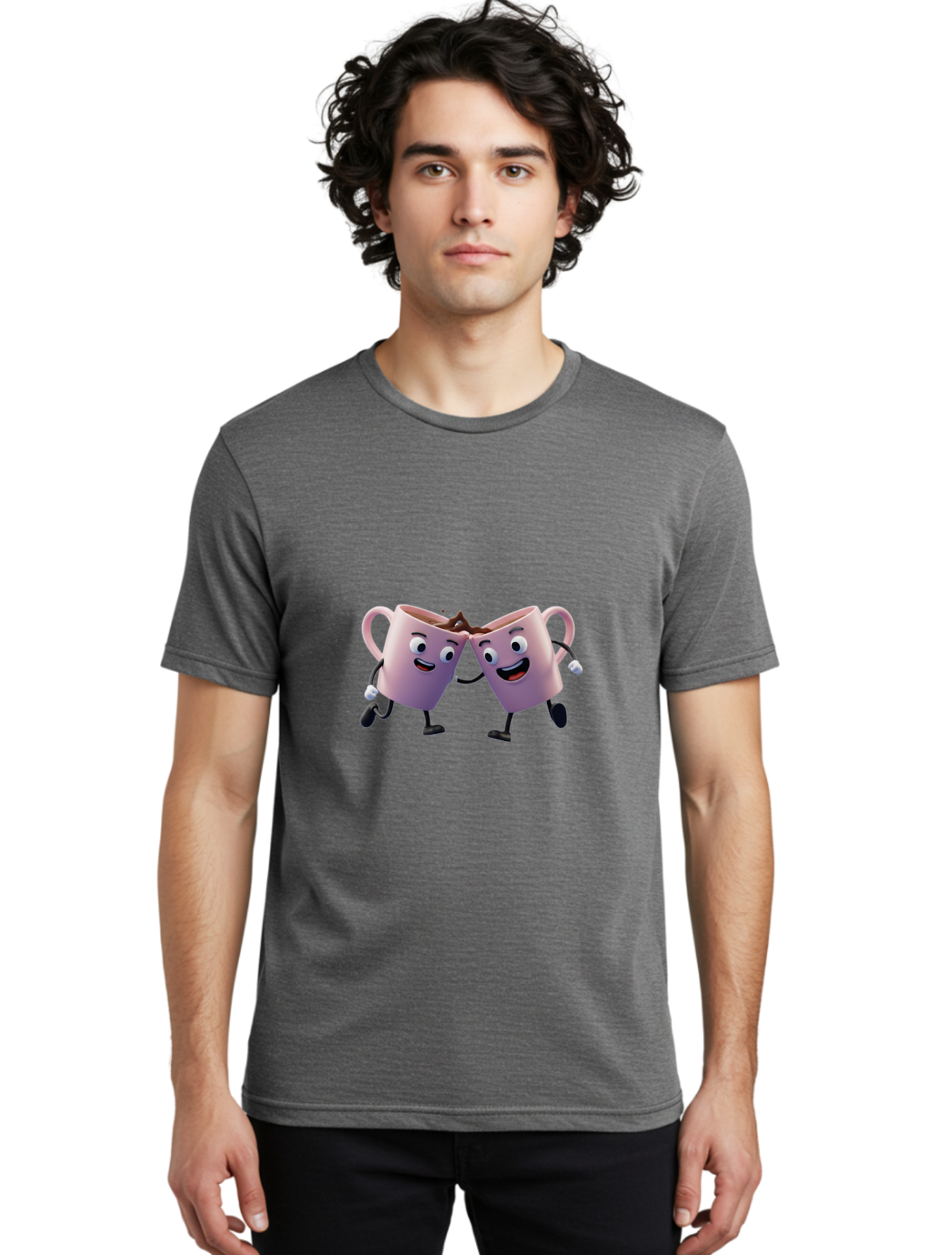 Two-Pink-Coffee-Mugs Men'S Graphic Tee, 100% Cotton, Comfortable Casual Summer Wear, Machine Washable, Coffee Mugs Cheering, Cartoon Characters, Happy Faces, Coffee Lovers, Friendship, Joyful Moments, Coffee Culture, Playful Design, Bab562 22