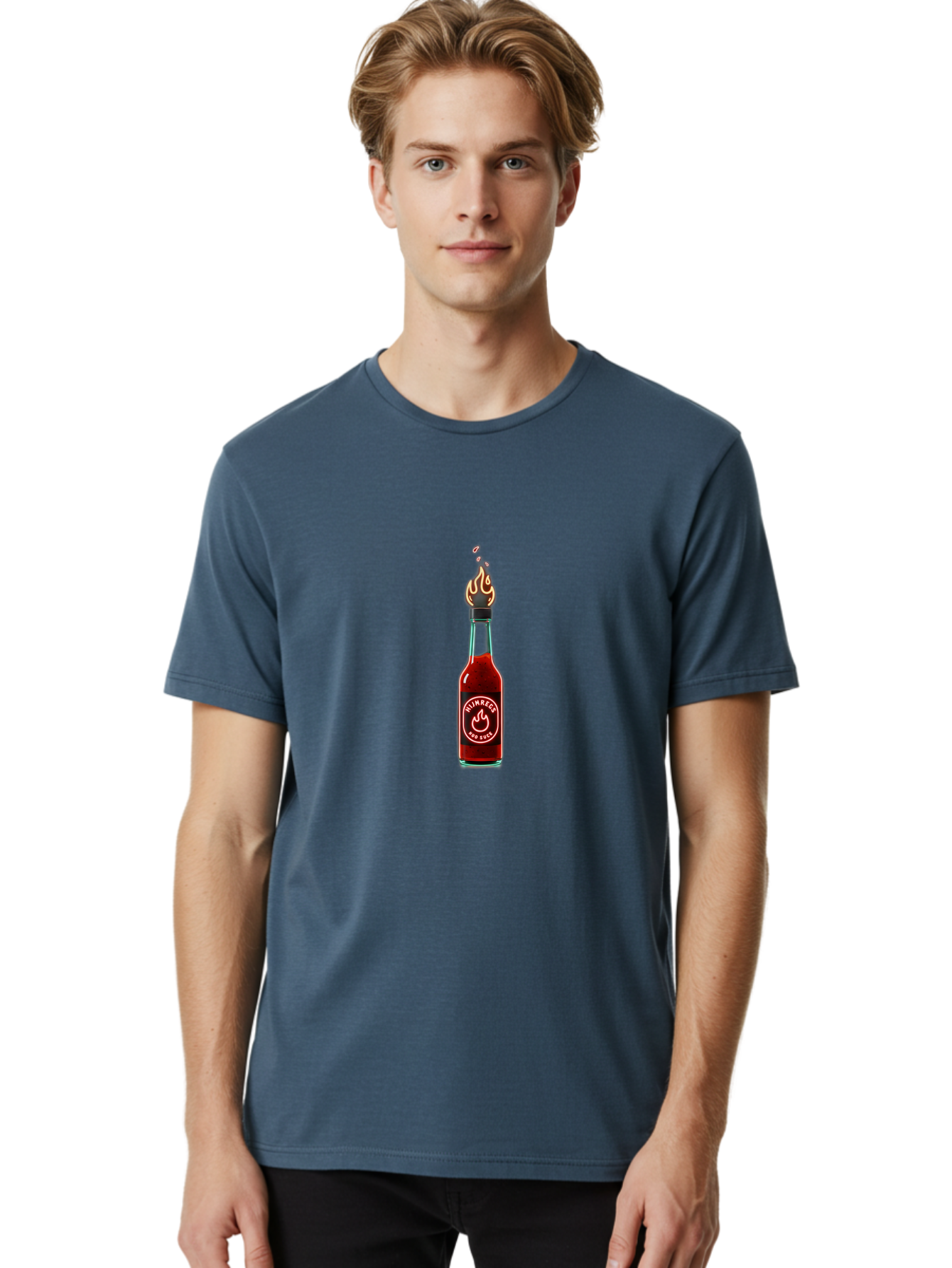 Unimred-Hot-Sauce Men'S Graphic Tee, 100% Cotton, Comfortable Casual Summer Wear, Machine Washable, Hot Sauce Bottle, Spicy Condiment, Ntimred Label, Burning Flame, Fiery Passion, Bold Flavor, Chili Pepper Sauce, Condiment Bottle Bab565 20