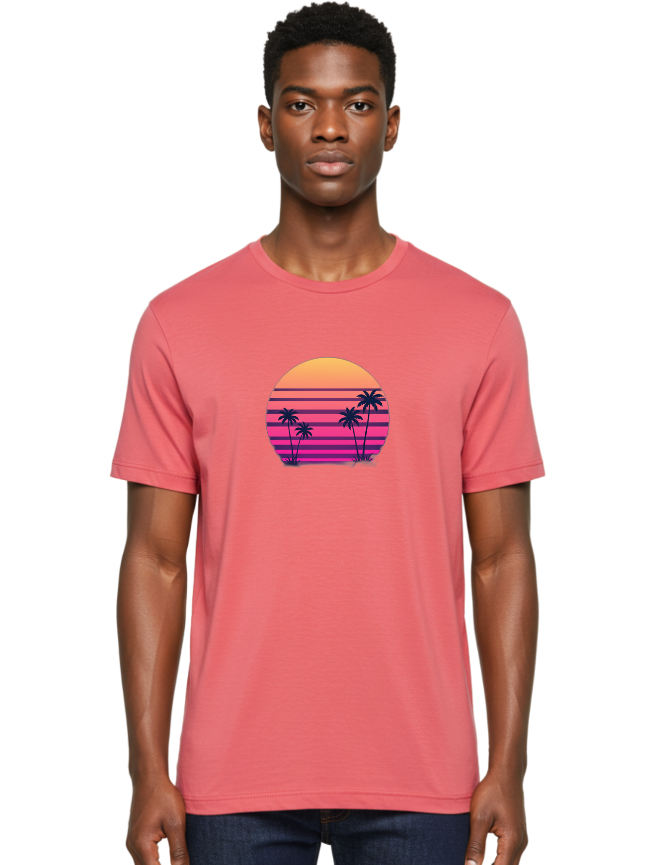 Vaporwave-Sunset Men'S Graphic Tee, 100% Cotton, Comfortable Casual Summer Wear, Machine Washable, Vaporwave Aesthetic, Retro Futurism, Sunset Landscape, Palm Trees, Neon Colors, Synthwave Art, Retro Style, 80S Vibe, Tropical Scenery, Bab568 18