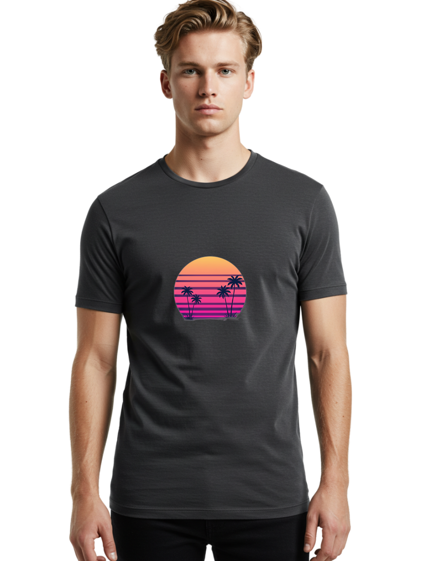 Vaporwave-Sunset Men'S Graphic Tee, 100% Cotton, Comfortable Casual Summer Wear, Machine Washable, Vaporwave Aesthetic, Retro Futurism, Sunset Landscape, Palm Trees, Neon Colors, Synthwave Art, Retro Style, 80S Vibe, Tropical Scenery, Bab568 30