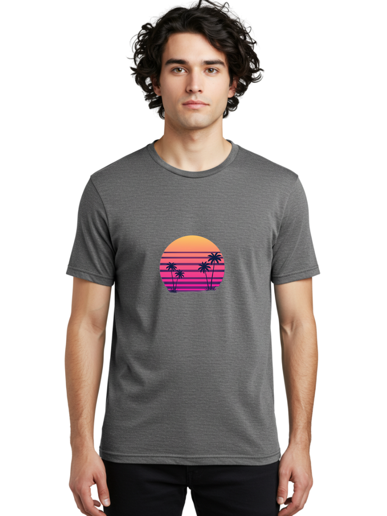 Vaporwave-Sunset Men'S Graphic Tee, 100% Cotton, Comfortable Casual Summer Wear, Machine Washable, Vaporwave Aesthetic, Retro Futurism, Sunset Landscape, Palm Trees, Neon Colors, Synthwave Art, Retro Style, 80S Vibe, Tropical Scenery, Bab568 24