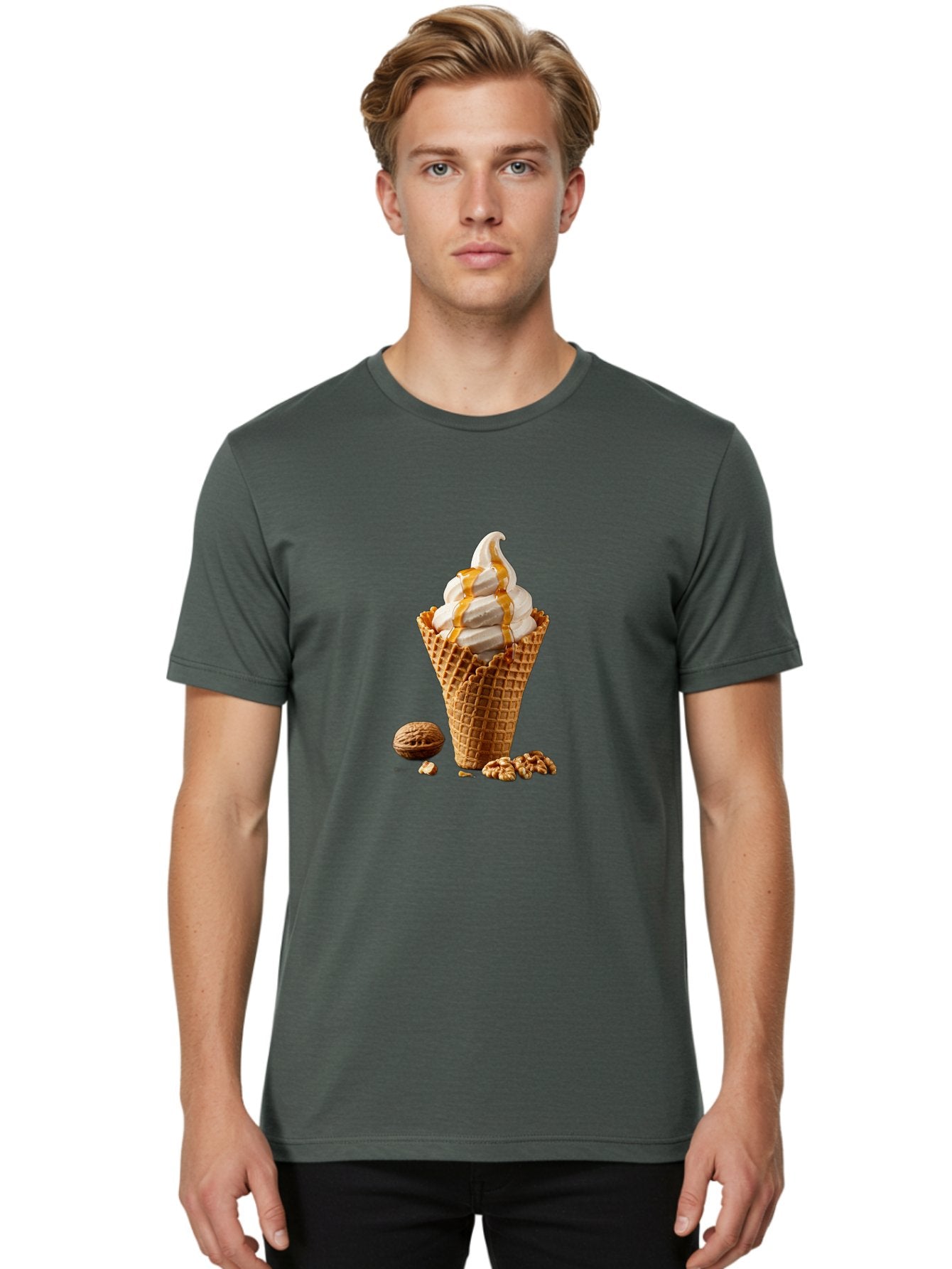 Waffle-Cone-Ice-Cream Men'S Graphic Tee, 100% Cotton, Comfortable Casual Summer Wear, Machine Washable, Caramel Ice Cream, Waffle Cone, Sweet Treats, Desserts, Ice Cream Cone, Caramel Sauce, Walnuts, Crunchy Texture, Delicious Desserts, Bab574 17