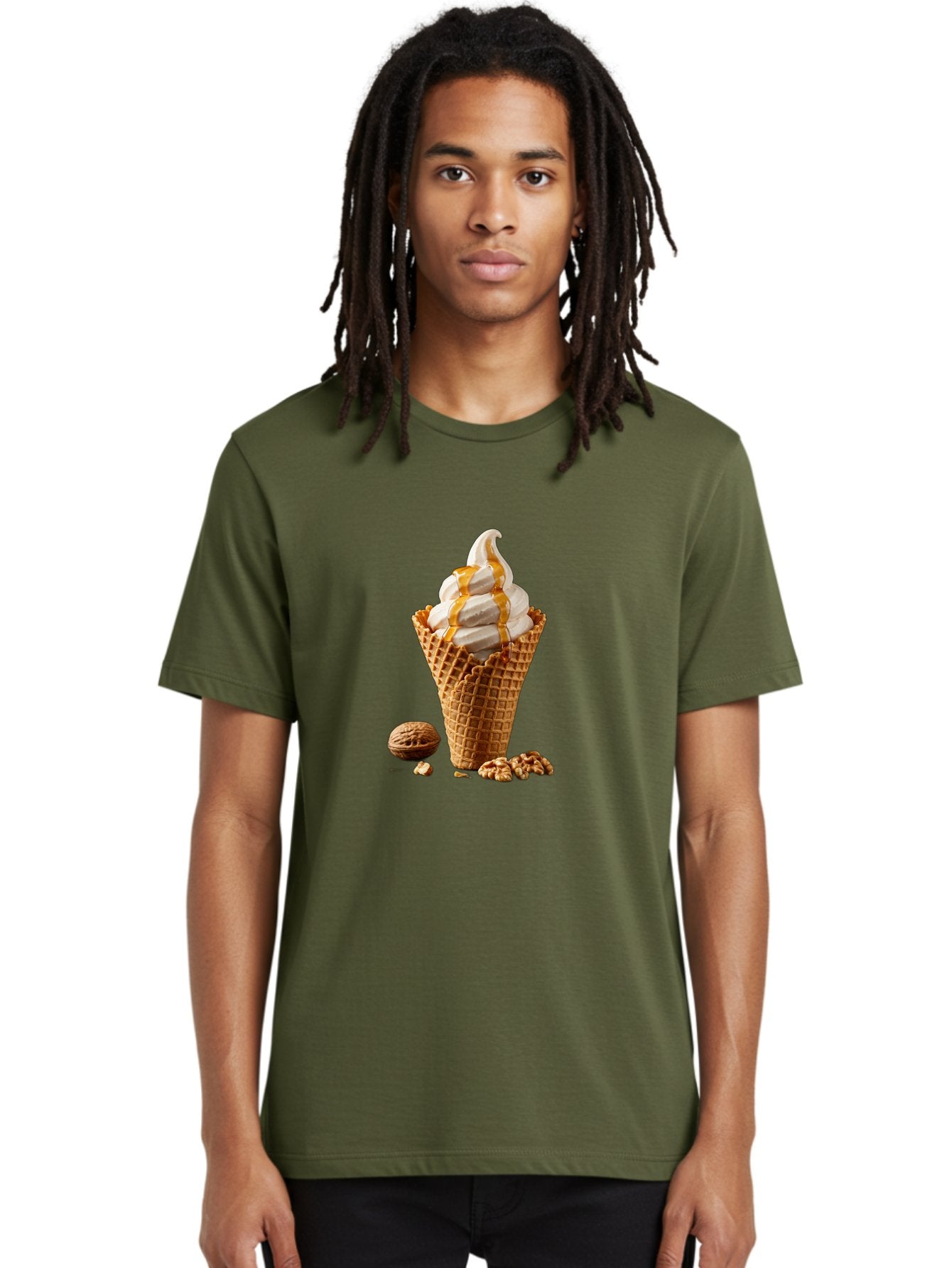 Waffle-Cone-Ice-Cream Men'S Graphic Tee, 100% Cotton, Comfortable Casual Summer Wear, Machine Washable, Caramel Ice Cream, Waffle Cone, Sweet Treats, Desserts, Ice Cream Cone, Caramel Sauce, Walnuts, Crunchy Texture, Delicious Desserts, Bab574 29