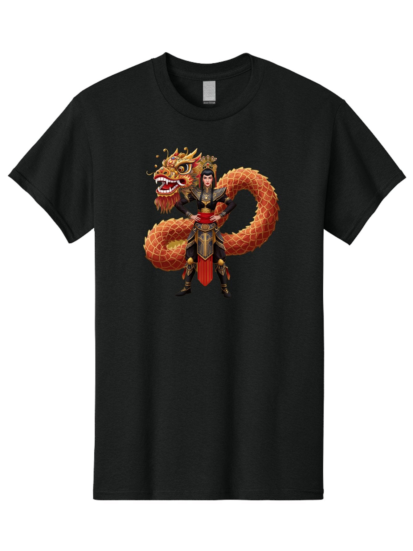 Warrior-Dragon Men'S Graphic Tee, 100% Cotton, Comfortable Casual Summer Wear, Machine Washable, Female Warrior, Dragon Companion, Traditional Armor, Gold Accents, Red Sash, Mythical Creature, Fantasy Art, Eastern Mythology, Bab575 5